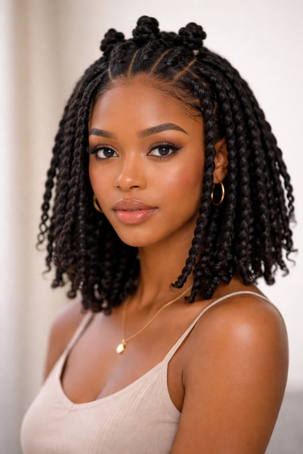Half-up knot crown on jaw-length bob with loose lower twists