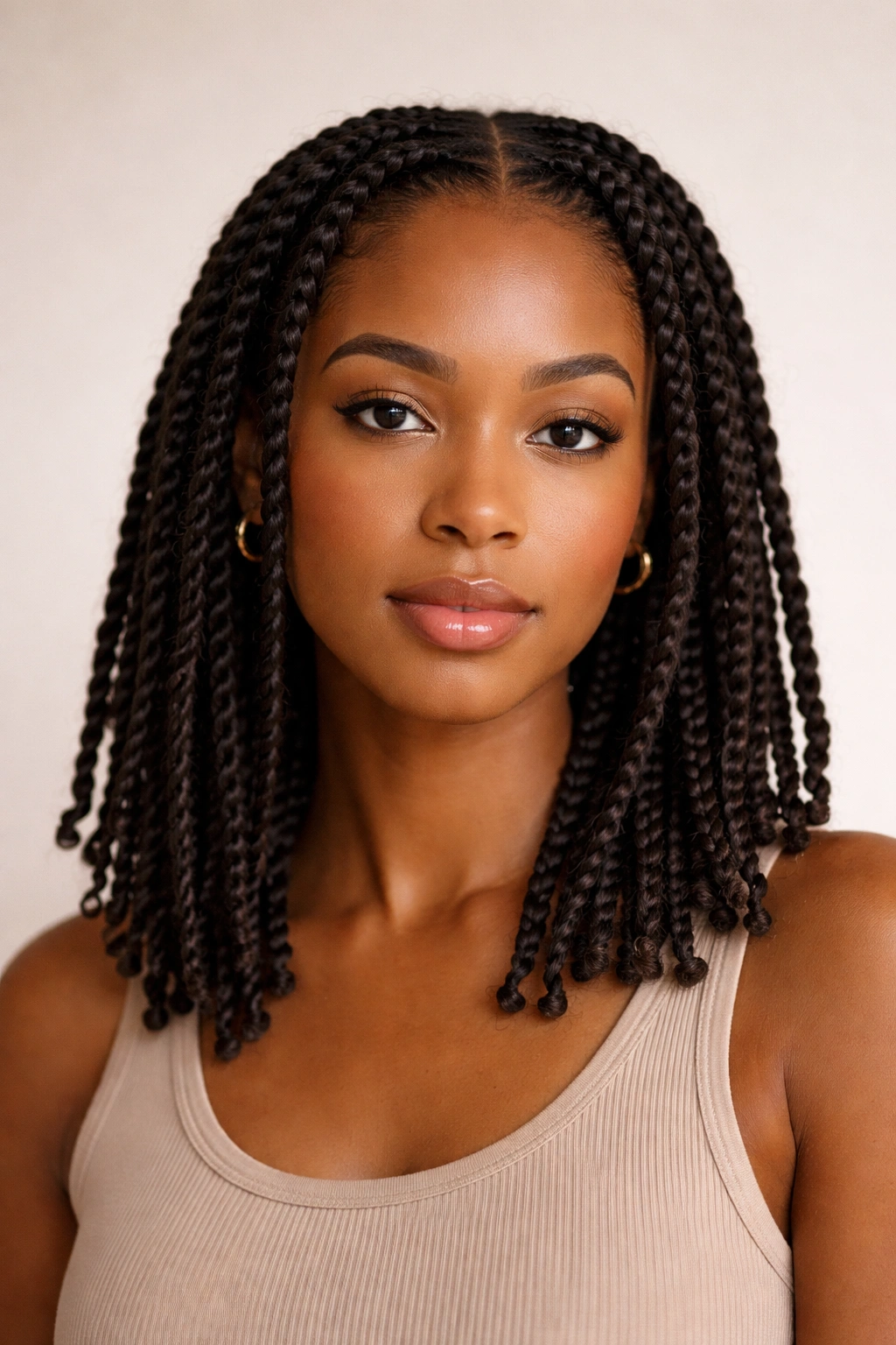 Two-strand twists on stretched Afro with flat silhouette.