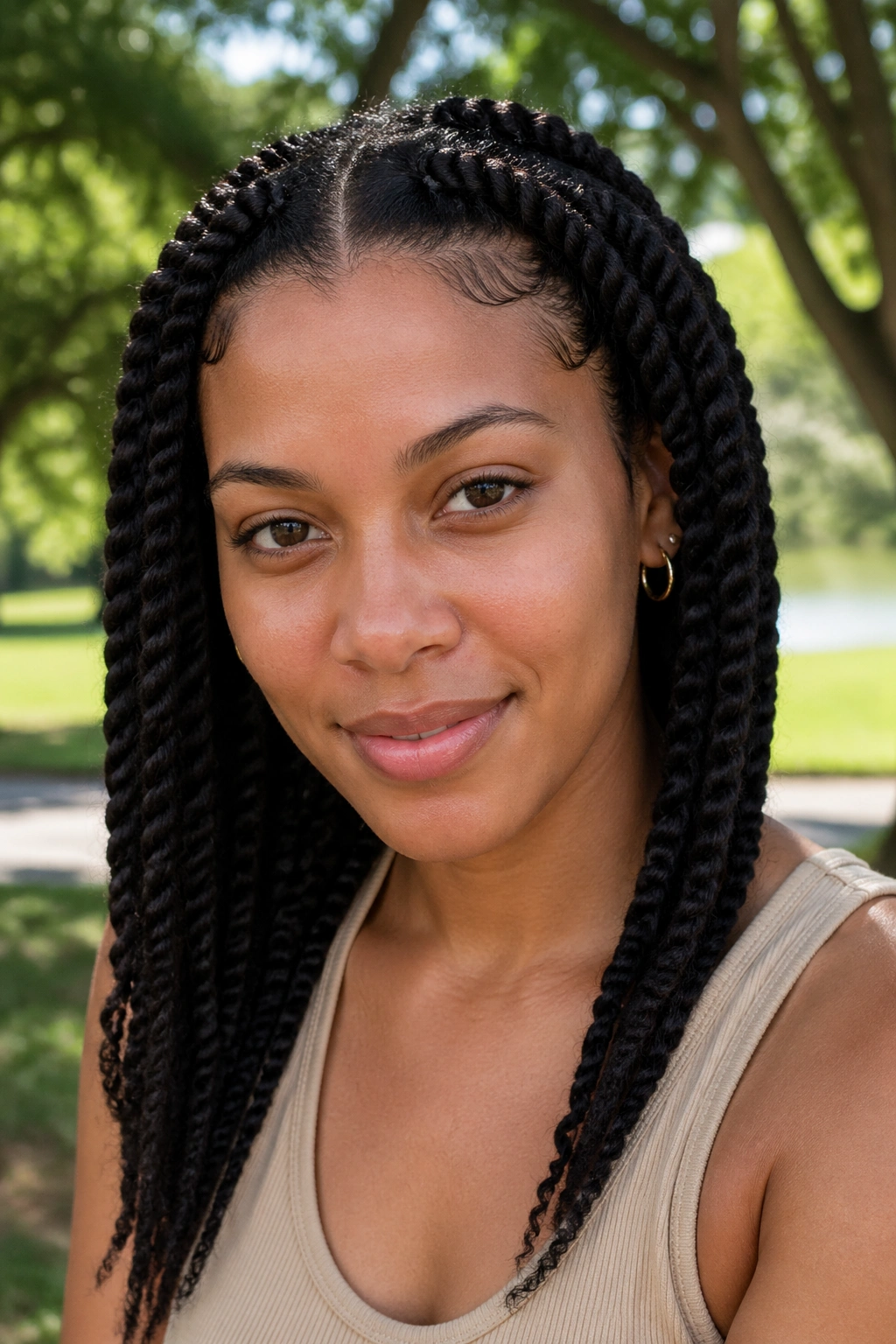Real woman with two-strand twists worn out along the sides.