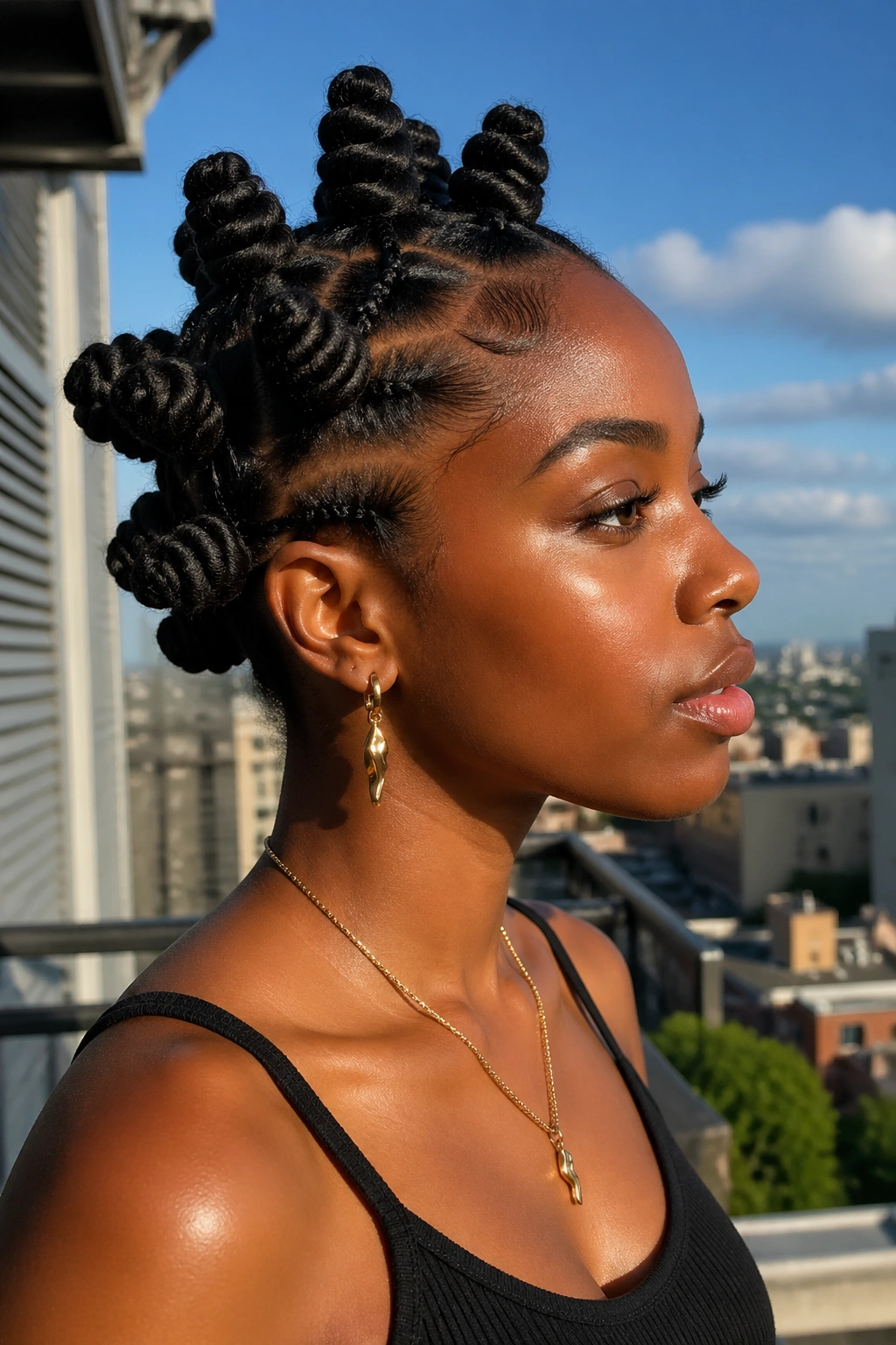 Real woman with two-tier Bantu knots visible in profile