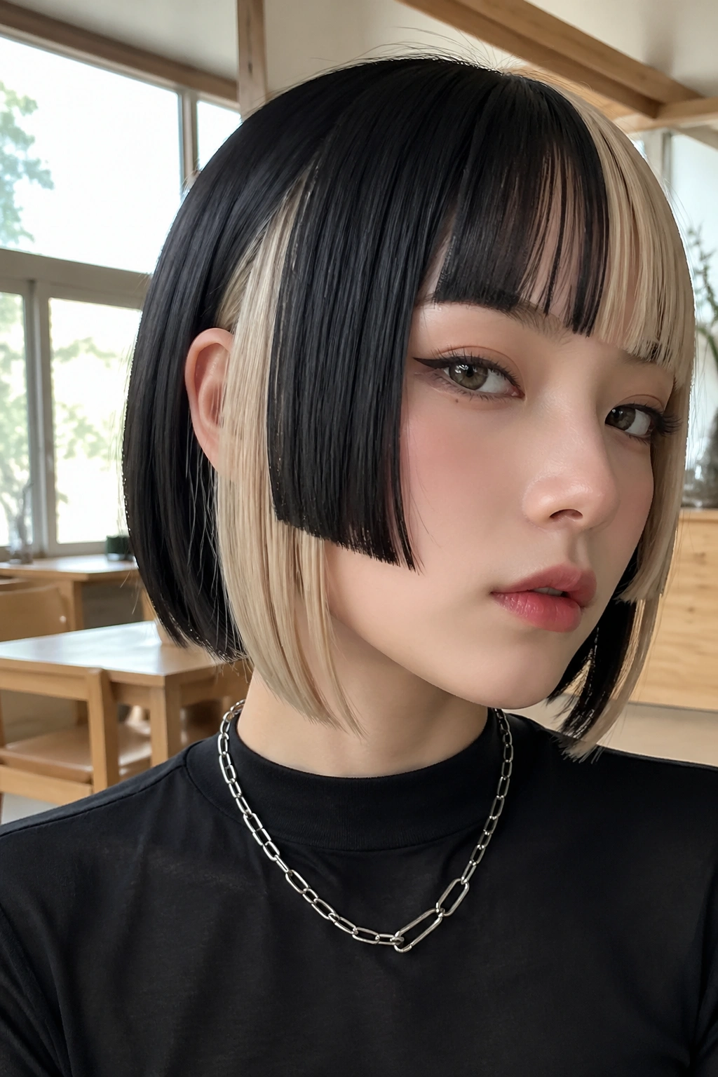 Close-up portrait of a real person with two-tone color-block hime cut bob showing bold temple color contrast.