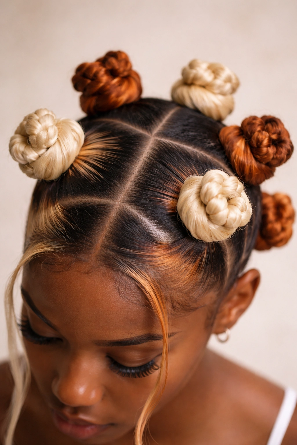 Close-up of two-tone color-block knots showing dark roots and lighter lengths