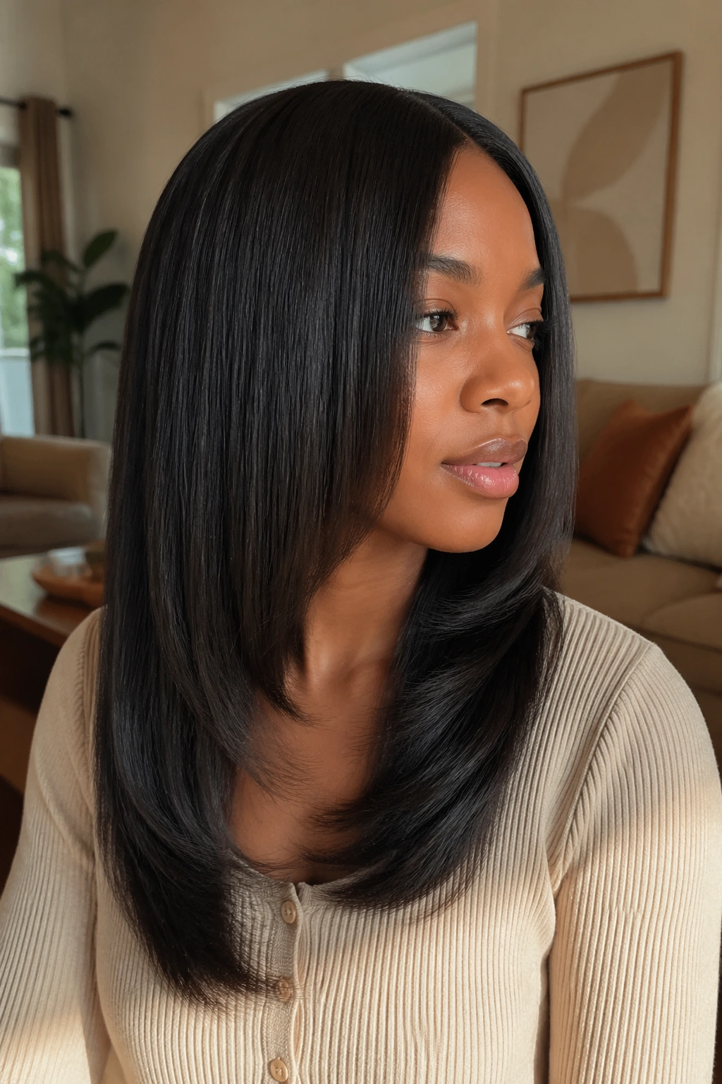 Portrait of a real woman with a U-cut straight hairstyle and soft movement.