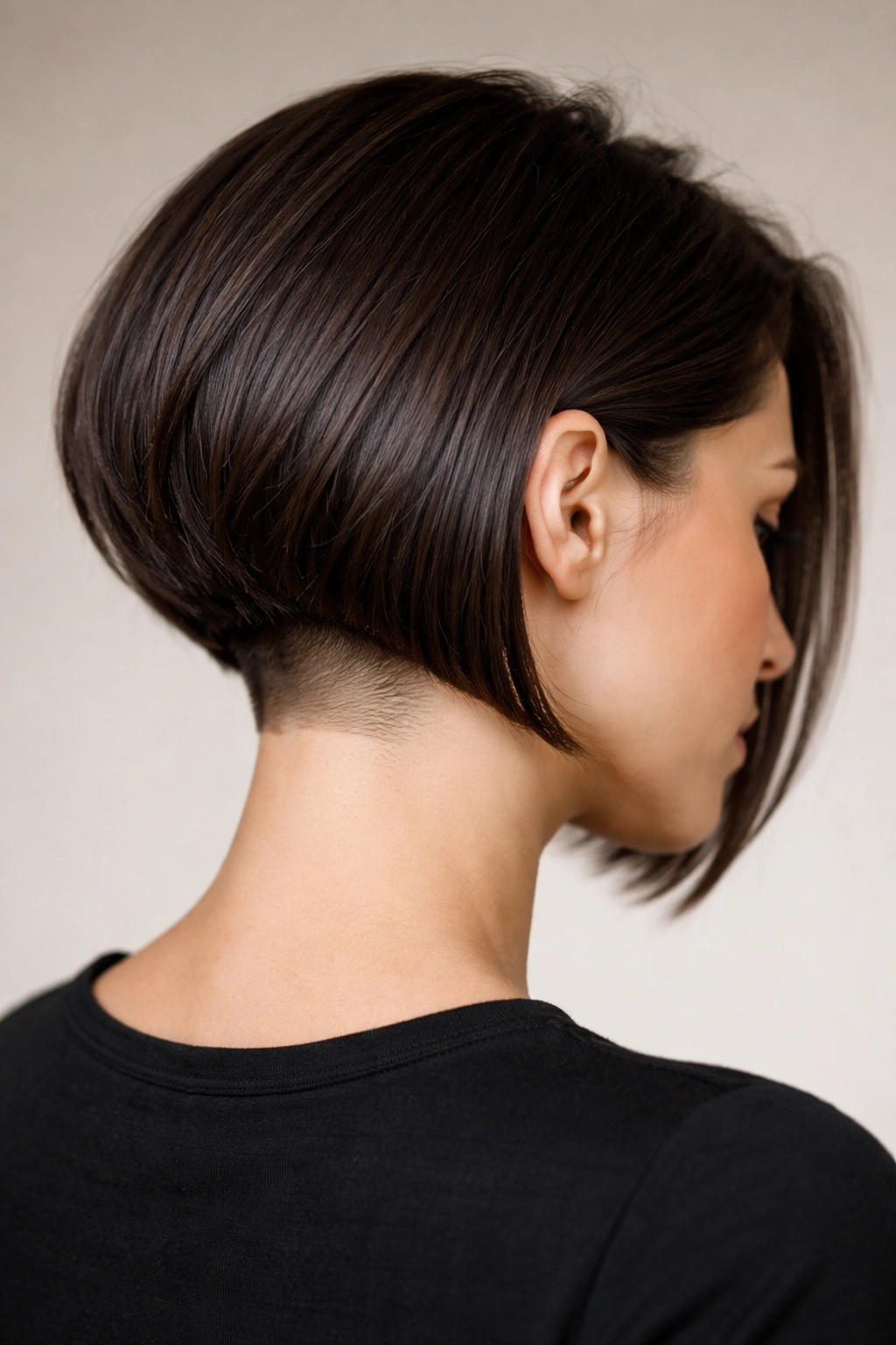 Profile view of a person with an undercut A-line bob for dense hair, showing shaved nape.