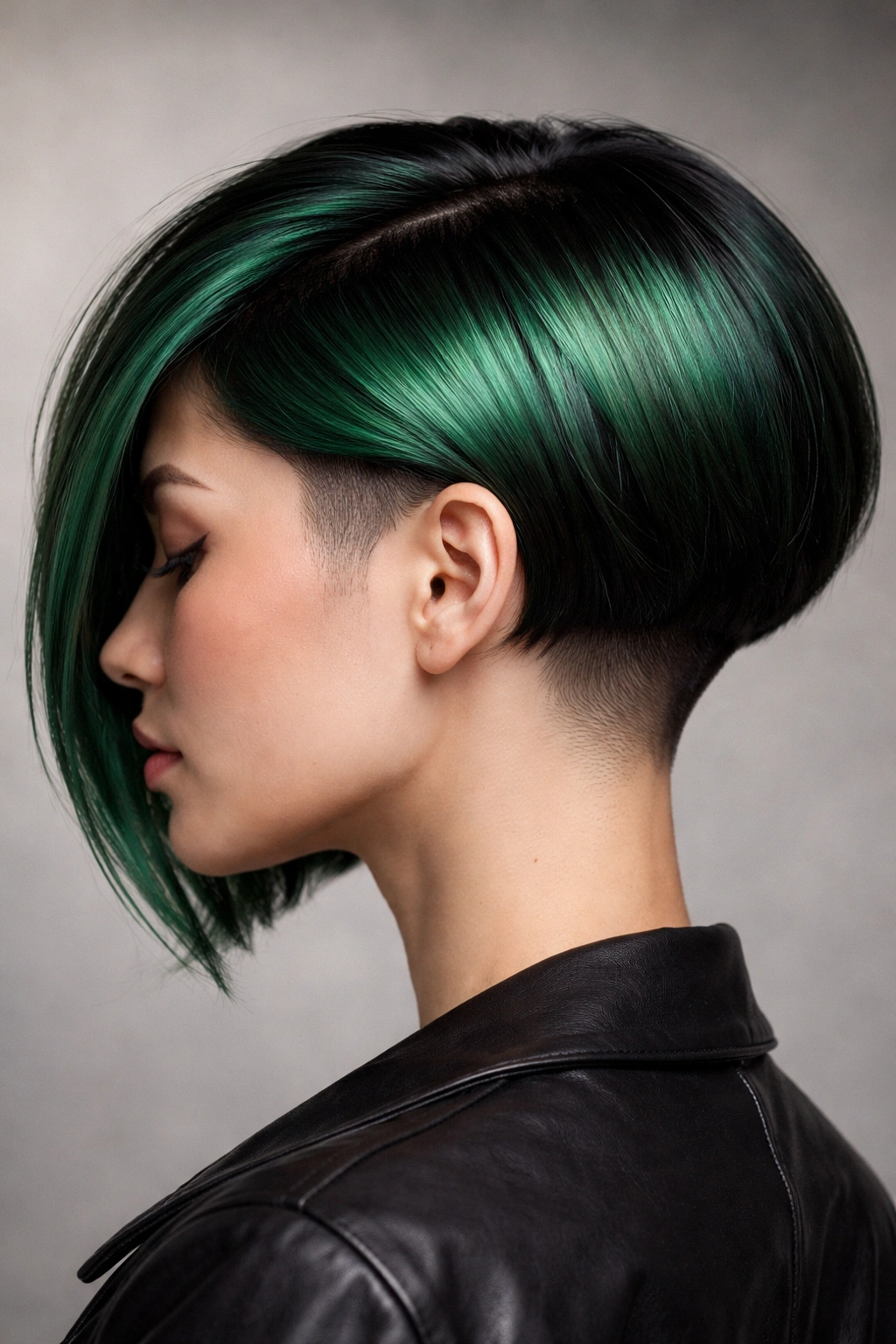 Profile view of metallic green undercut bob with shaved section.