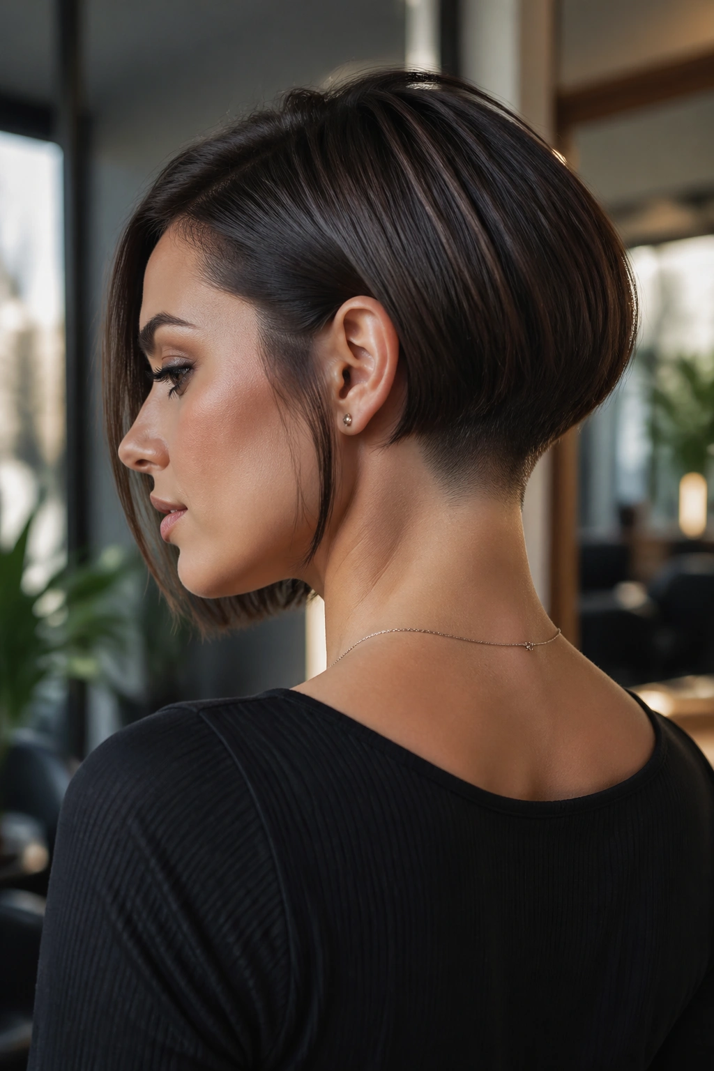 Close-up of a real woman with an undercut at the nape of her bob, showing a shaved panel in warm salon lighting