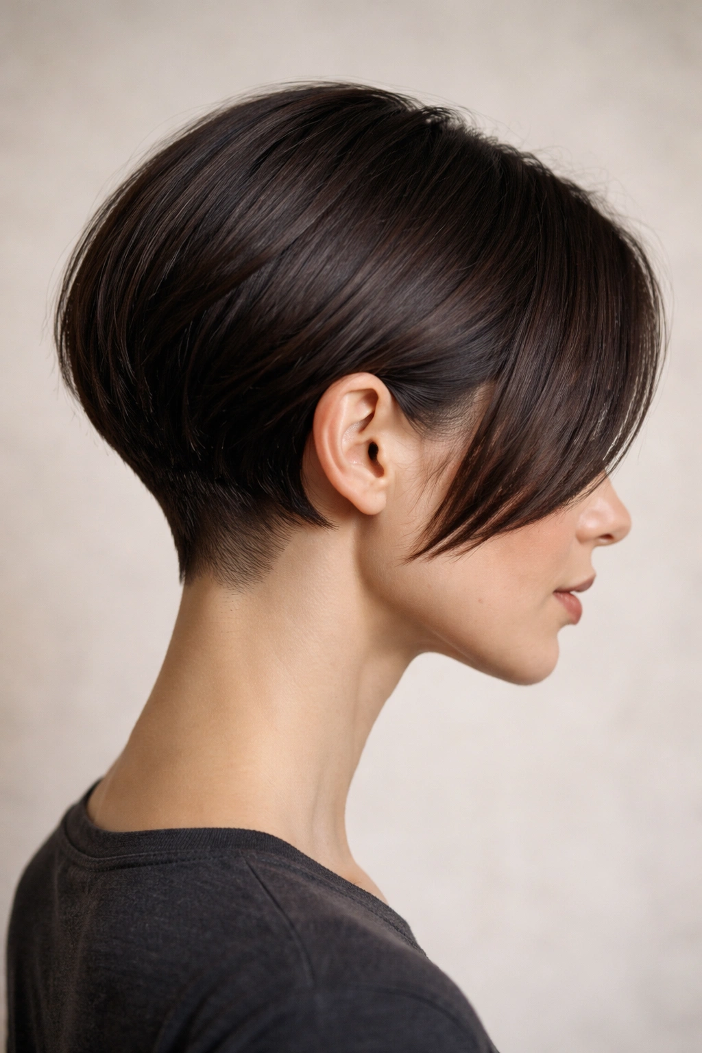 Profile view of an inverted undercut bob showing a short nape and longer front, crisp silhouette hair