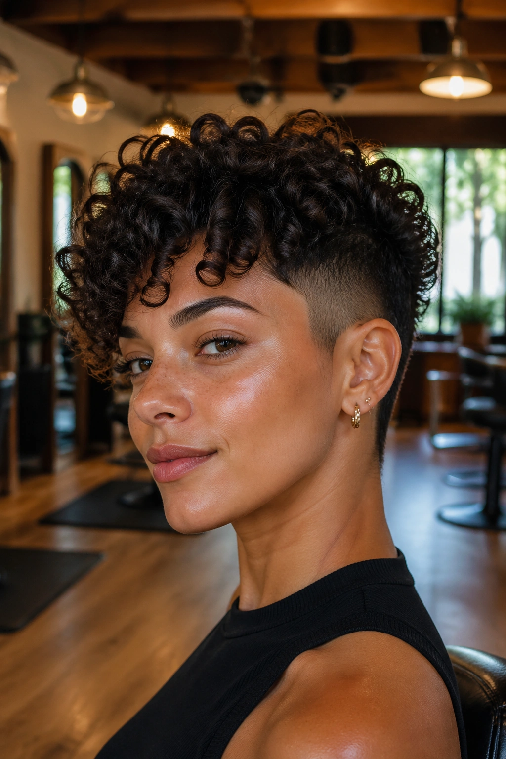 Close-up portrait of a real person with an undercut curly top and full curls