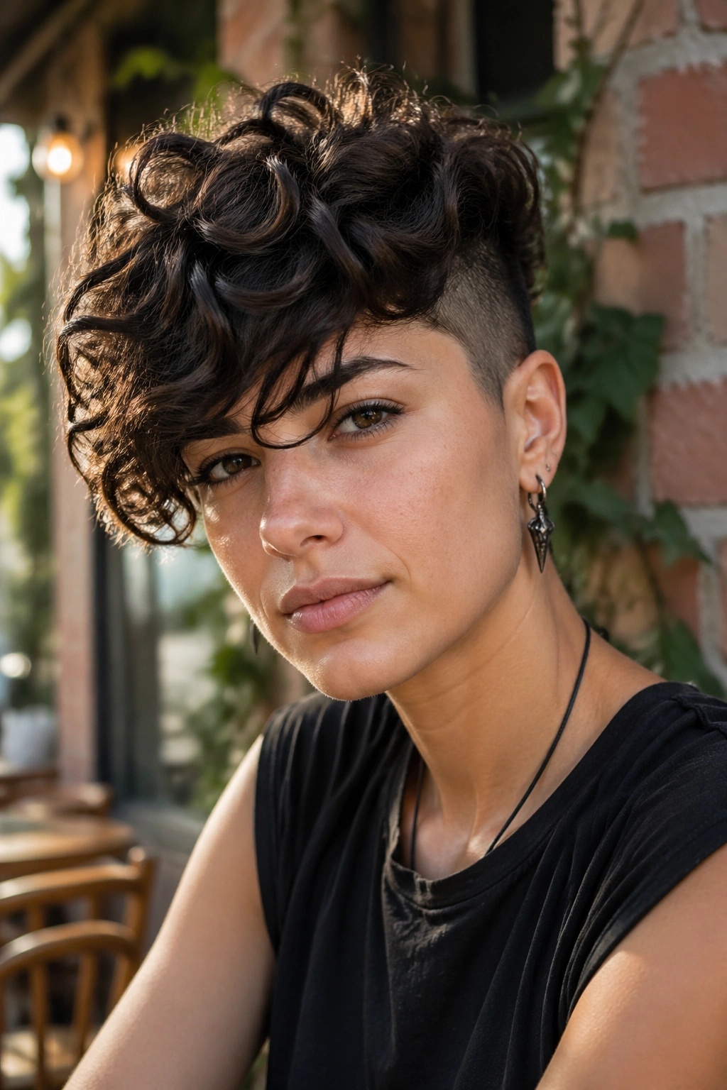 Real person with undercut curly pixie and long bangs