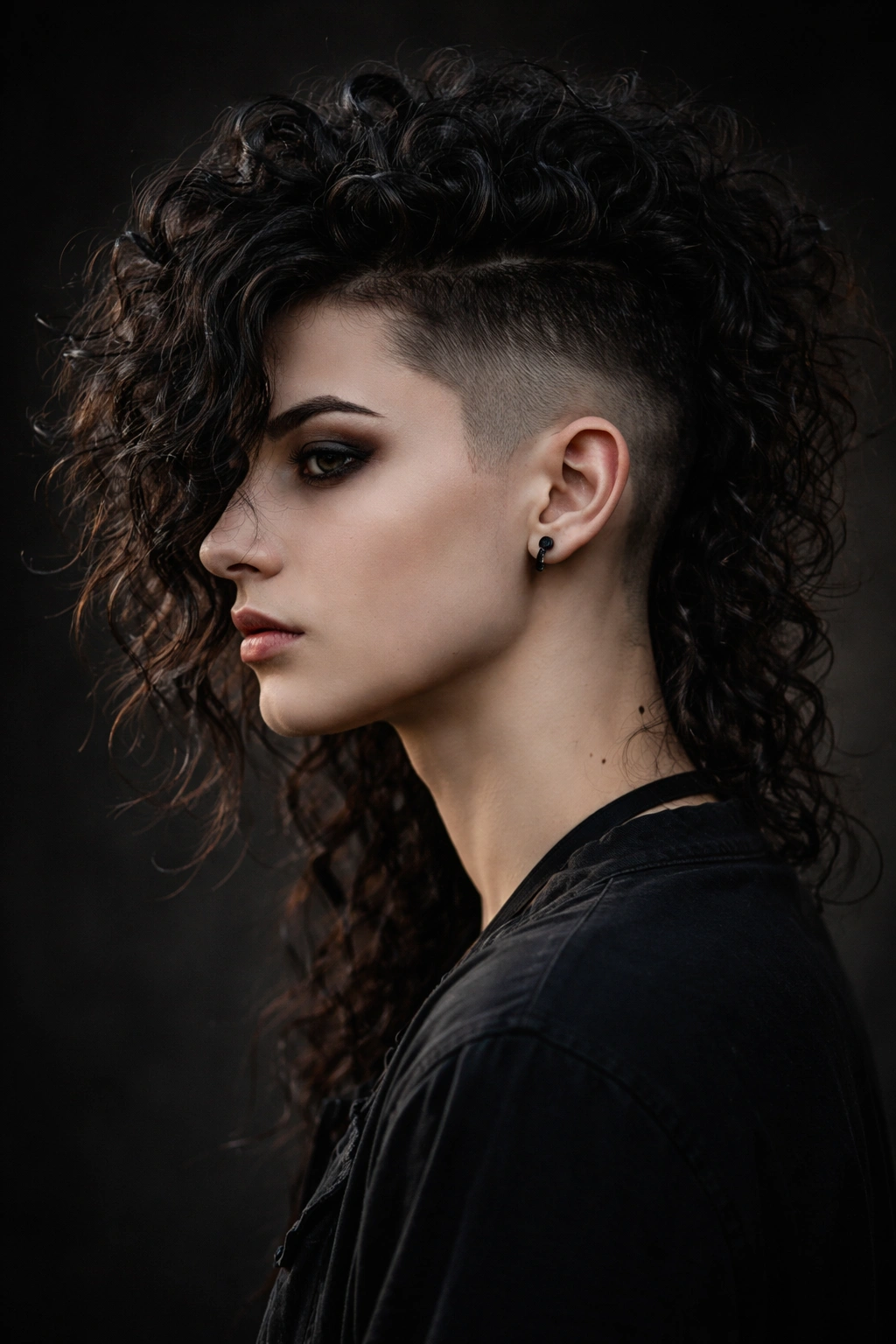 Undercut with curly curtain top showing long top sweeping to cheekbone
