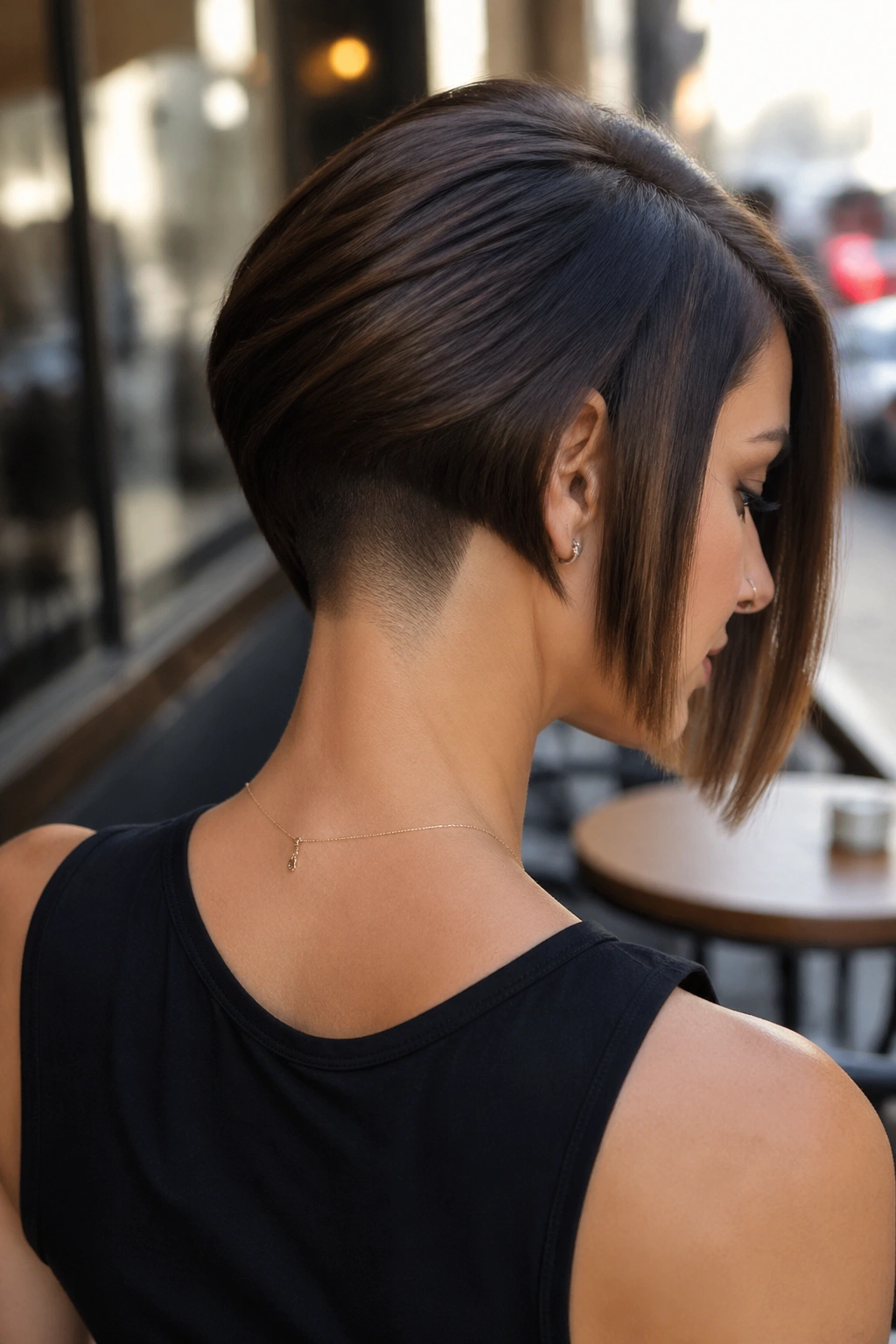 Real woman with undercut inverted bob visible at the nape in a cafe setting.