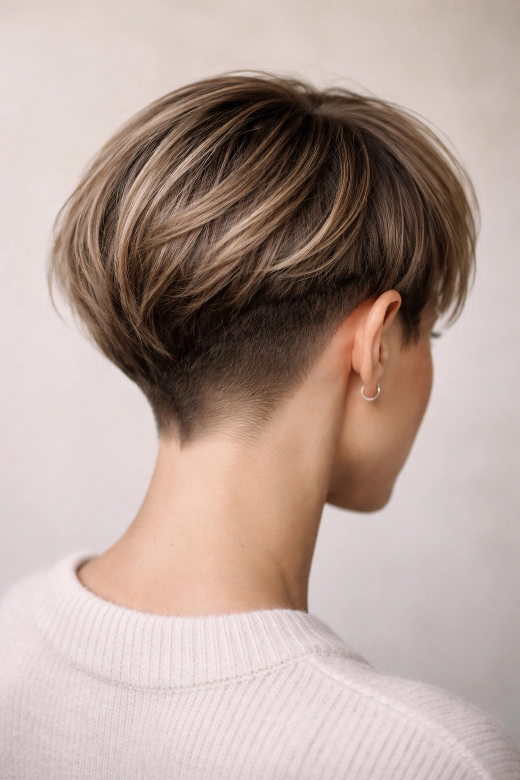 Undercut pixie bob with hidden short section at the nape visible under top layer.