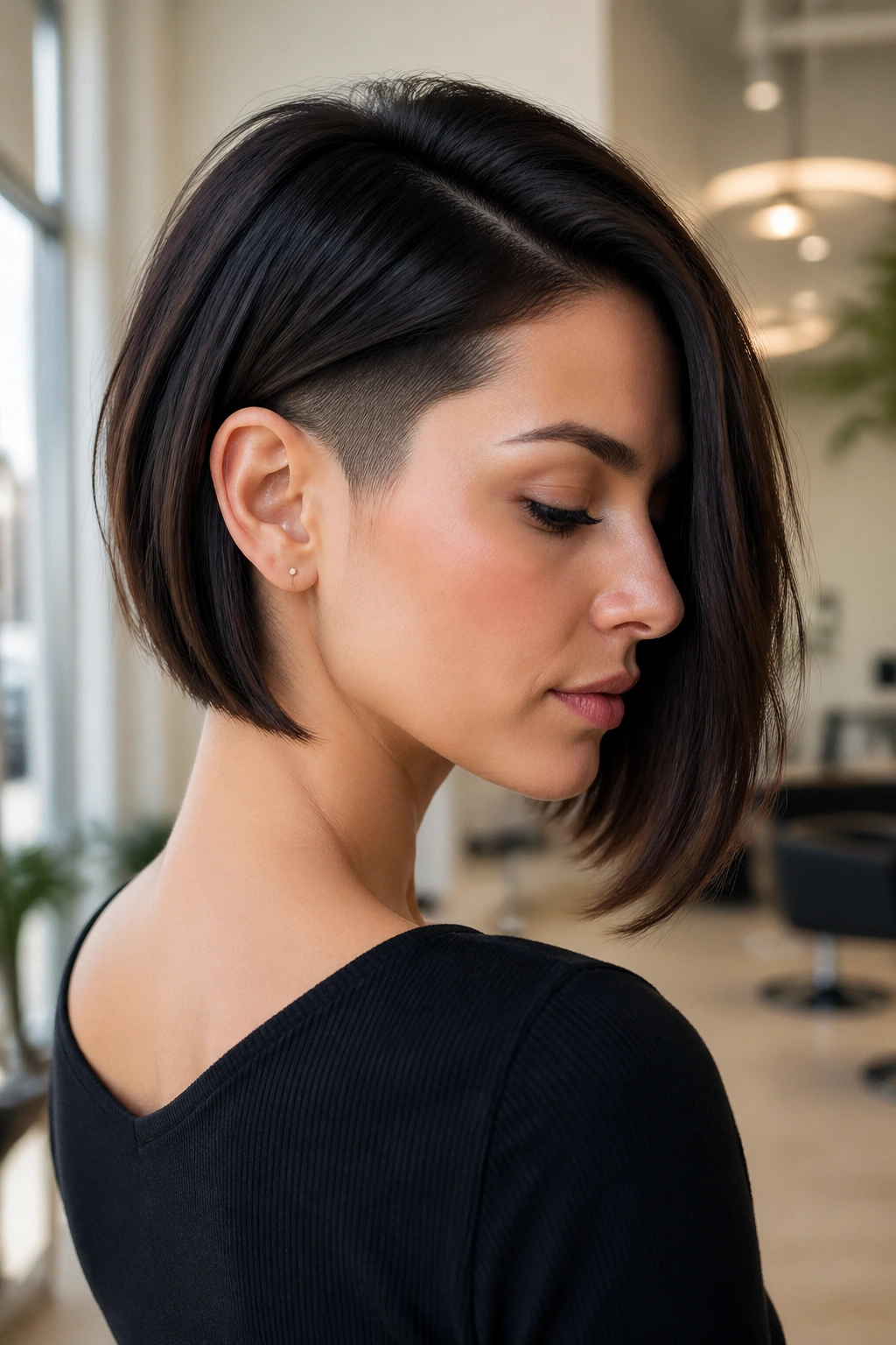Portrait of one-side tucked asymmetrical bob showing hidden undercut
