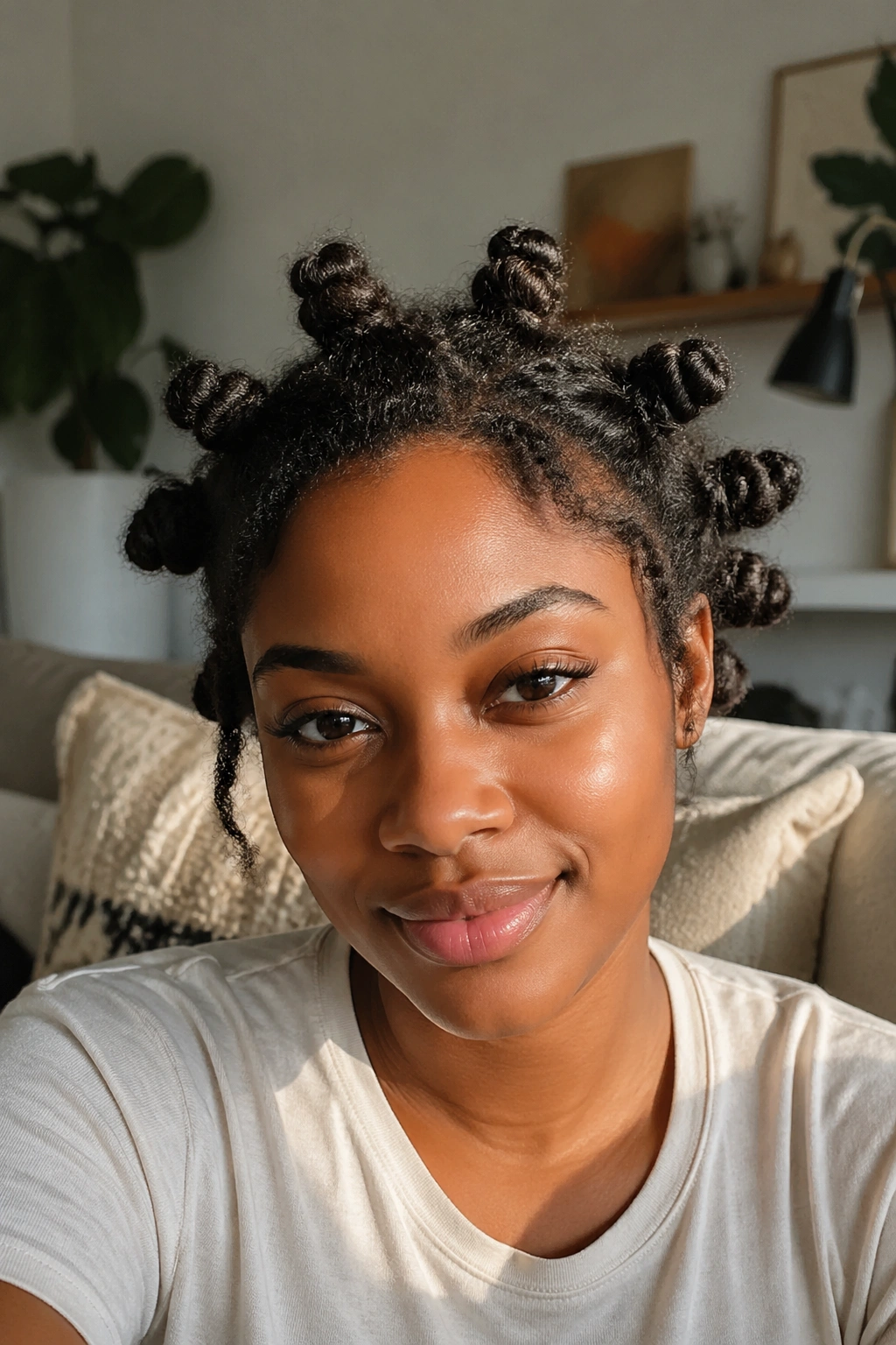Close-up portrait of a person with undone soft knots on locs, looser wrap and fuzzy base