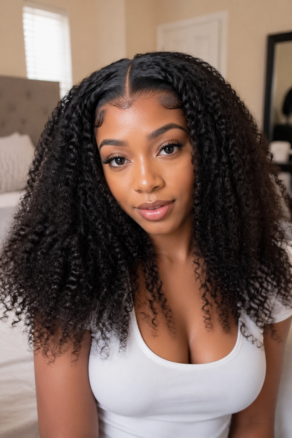 Real person wearing a U-part wig blended with leave-out, seamless blend.