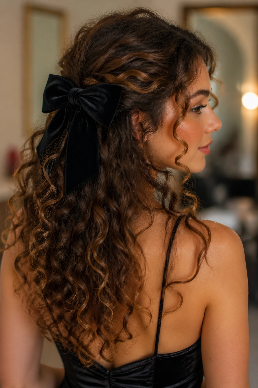 Close-up of a real woman wearing a velvet bow half-up with curly ends