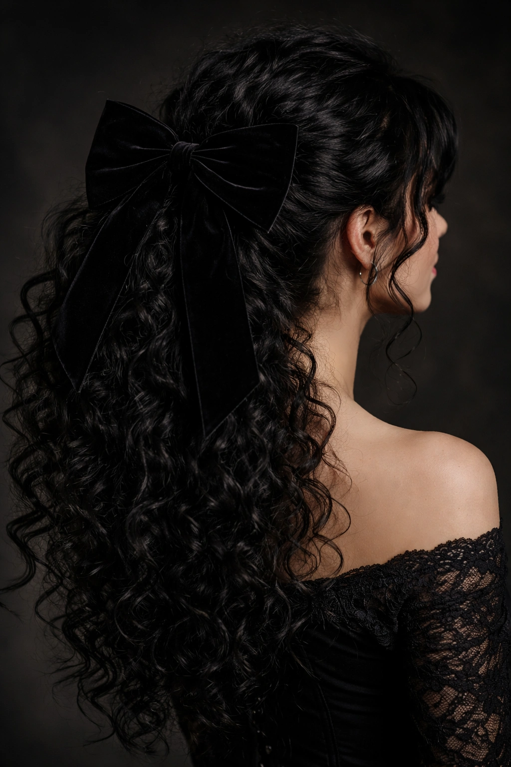 Curly ponytail with a large black velvet bow at the base