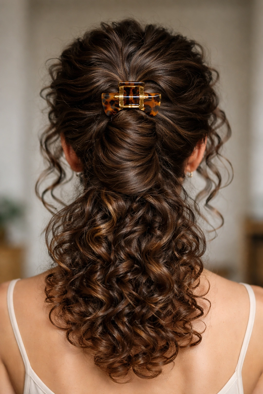 Back view of a vertical roll bun created from long dense curls with a vertical clip