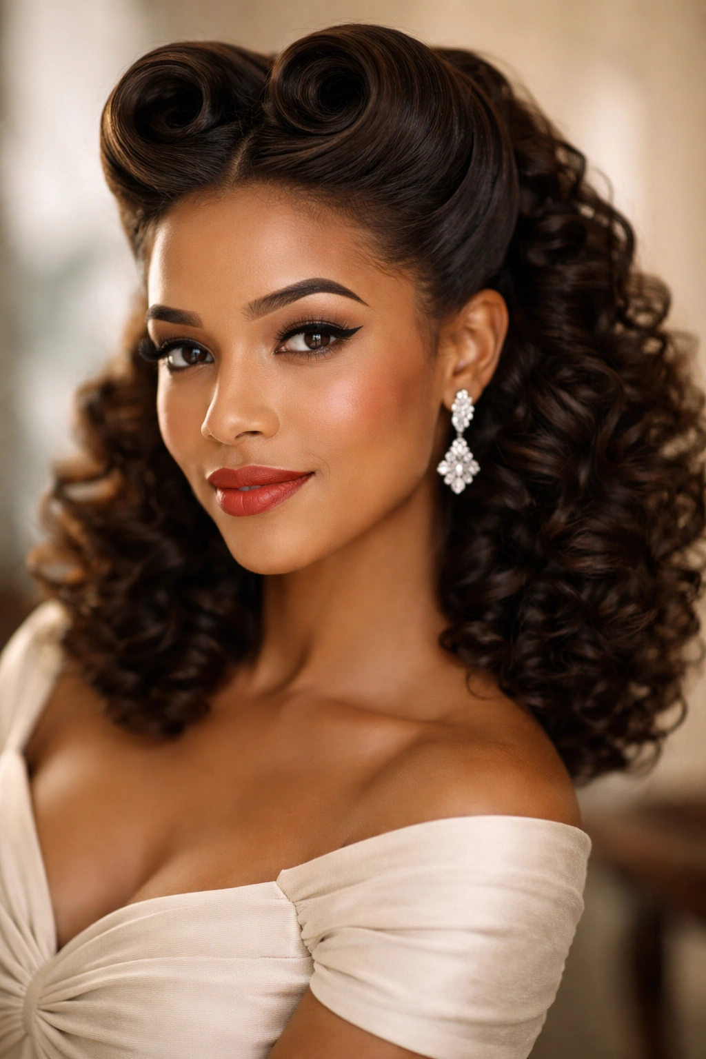 Close-up of victory rolls at the hairline on curly hair with plush curls