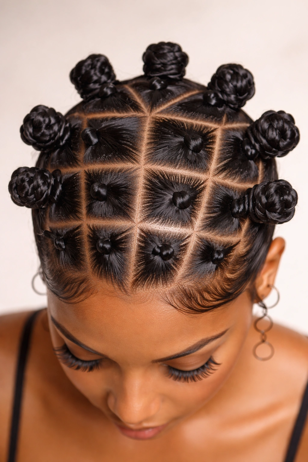 Top-front view of grid-knots with visible scalp lines and crisp spacing