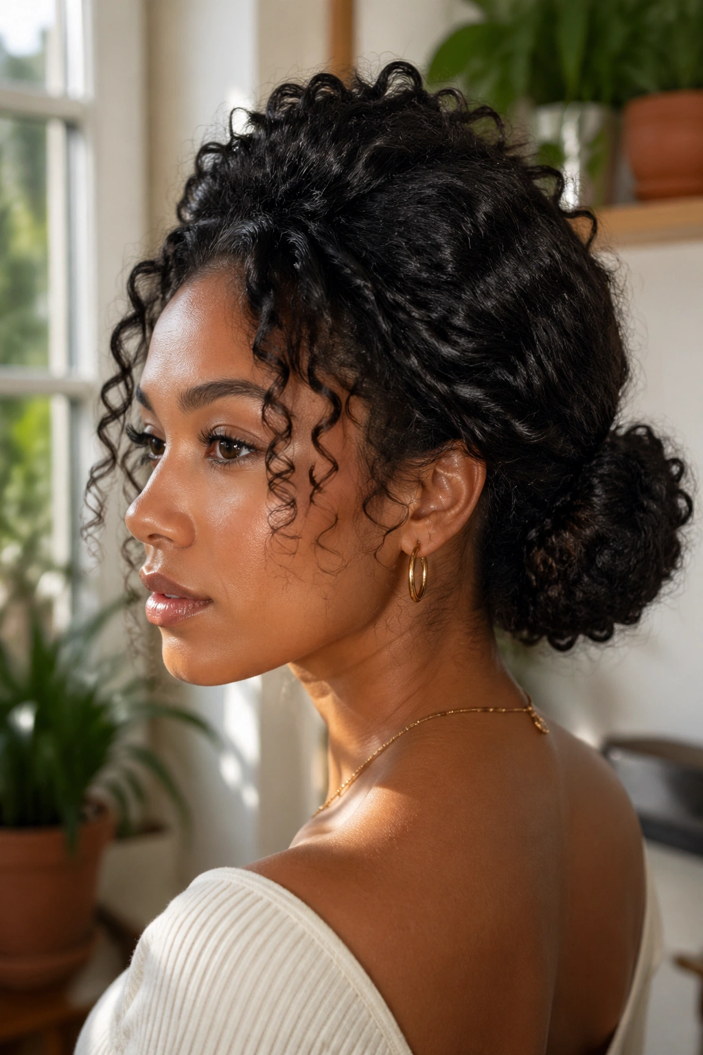 Close-up of a woman with volume-forward low bun and lifted crown