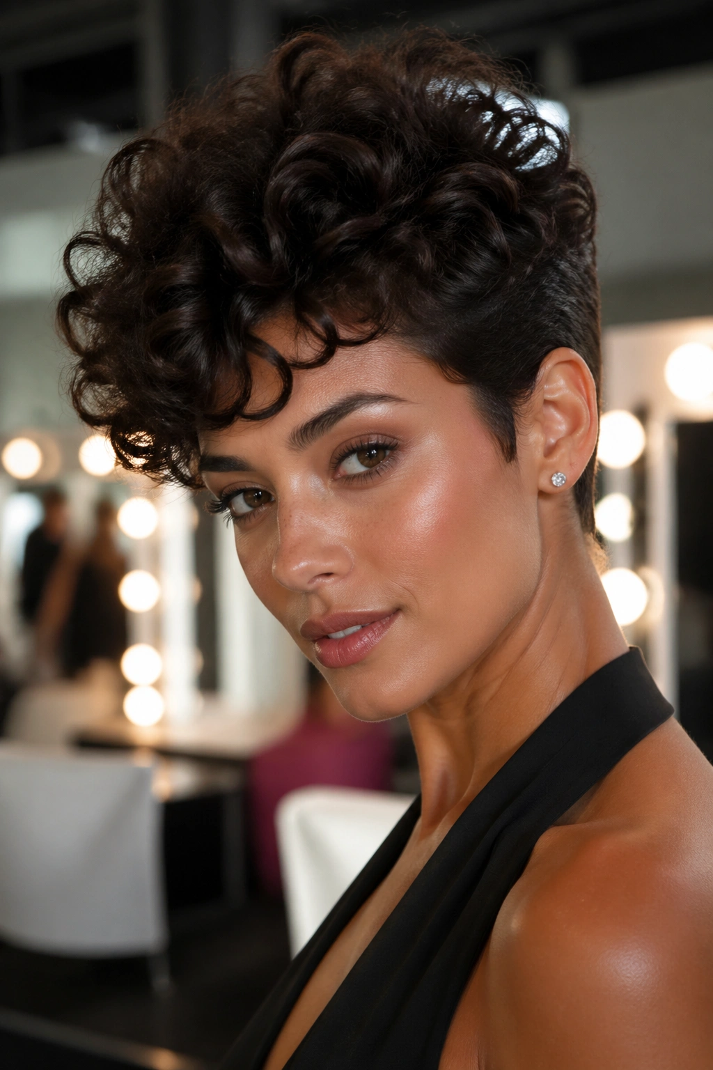 Close-up of a real person with a voluminous curly pixie and crown height