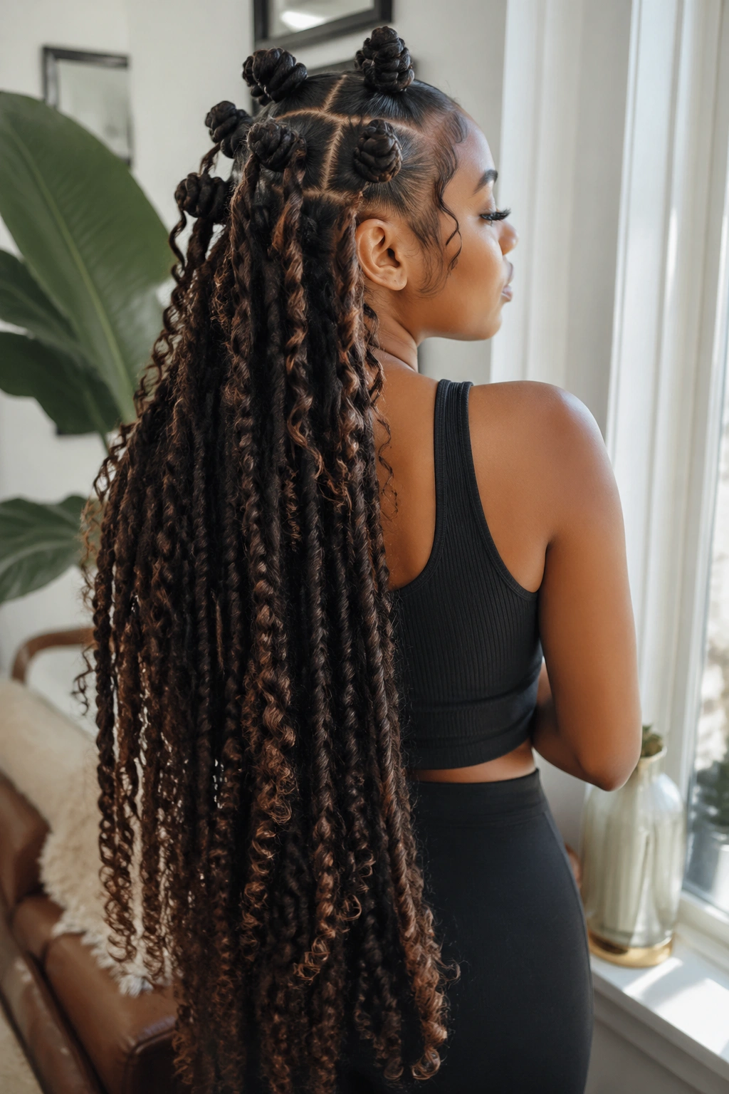 Back/side view of a real woman with waist-length curled extensions in Bantu knots