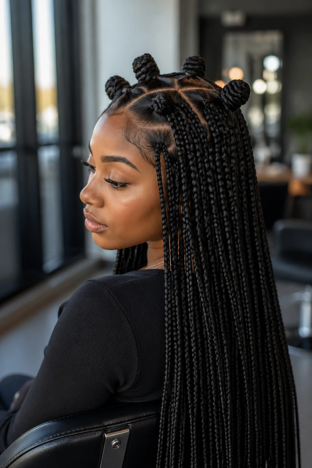 Close-up of a real woman with waist-length stitch braids and crown knots under natural window light