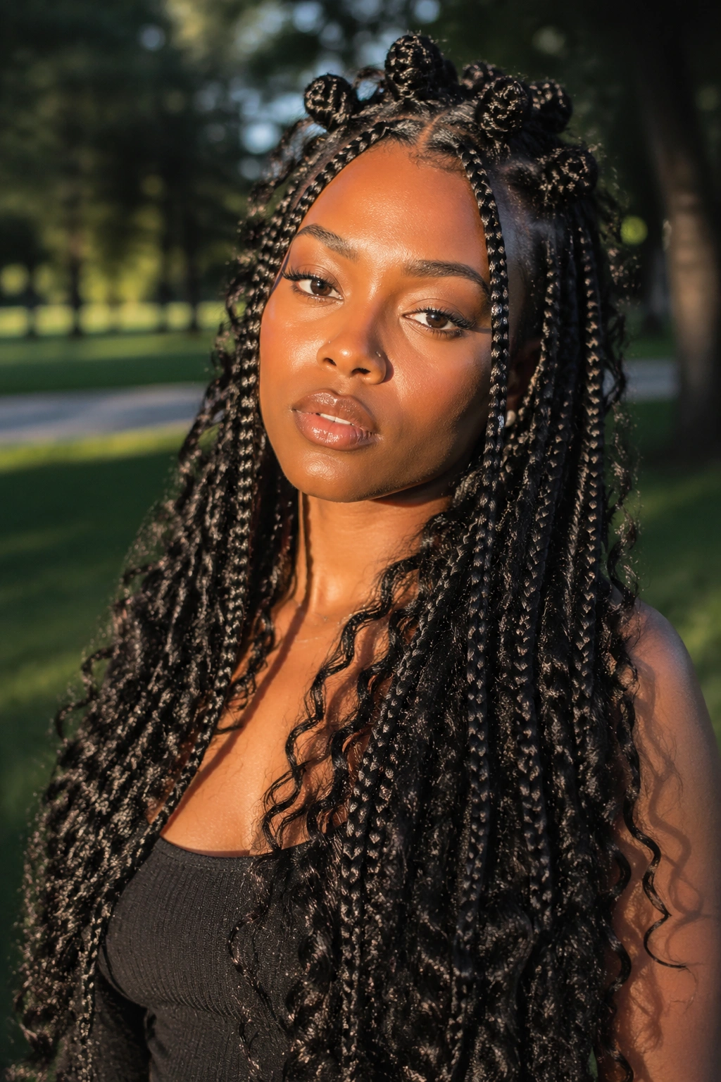 Close-up of waist-length Fulani braids ending in curls on a real woman in golden hour light