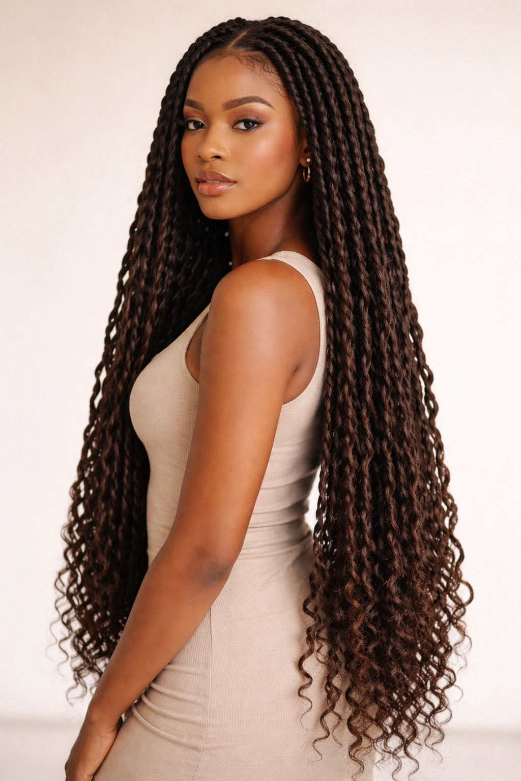 Waist-length faux locs cascading down afro-textured hair