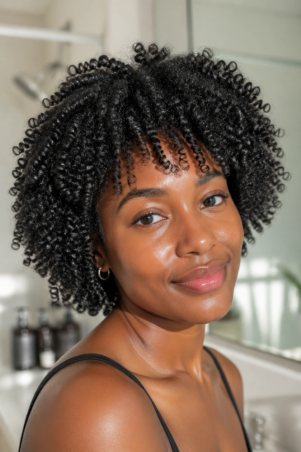 Close-up of a real woman with a defined wash-and-go curl pattern.
