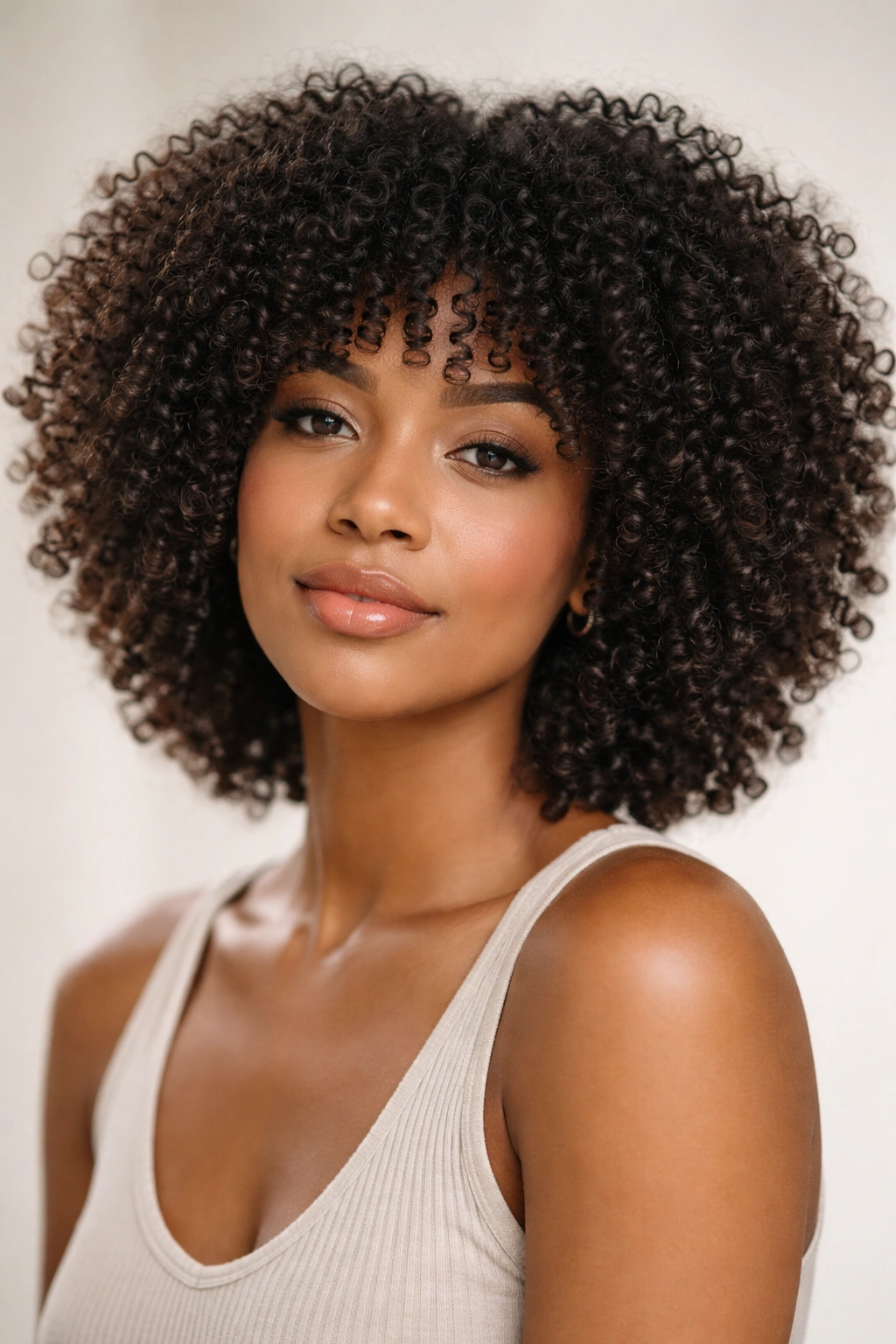 Wash-and-go curly afro with evenly distributed medium-length curls