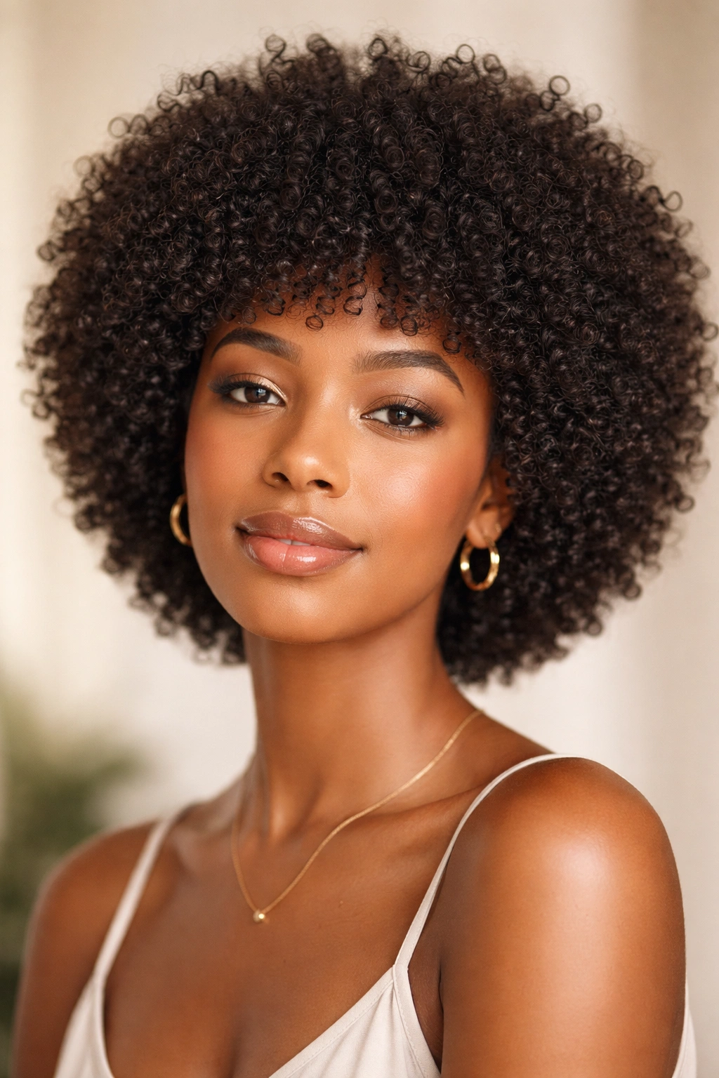 Close-up portrait of a person with a rounded wash-and-go afro hairstyle