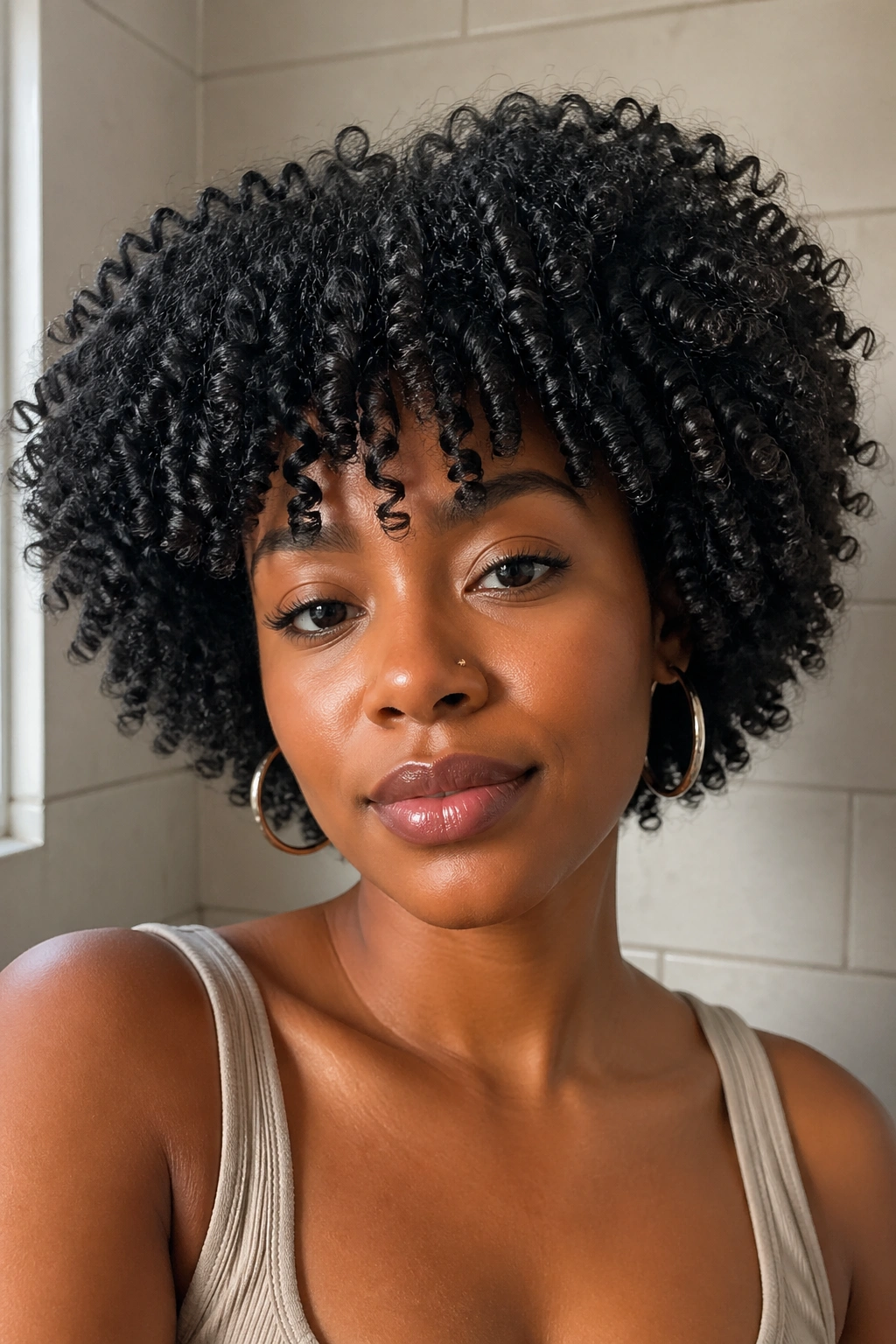 Defined wash-and-go afro close-up portrait under natural bathroom light