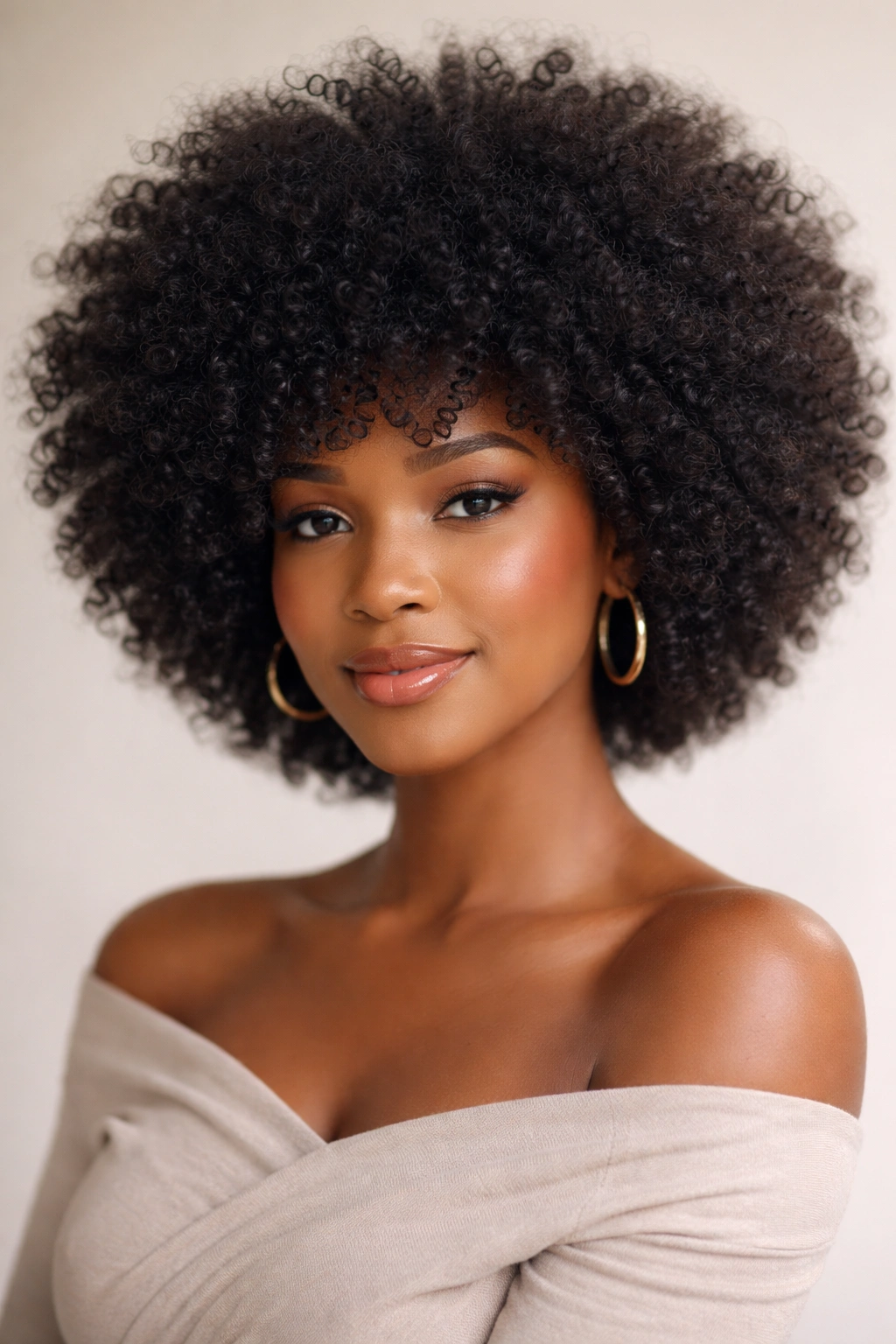 Close-up portrait of a Black woman with a rounded wash-and-go afro and fluffy halo.