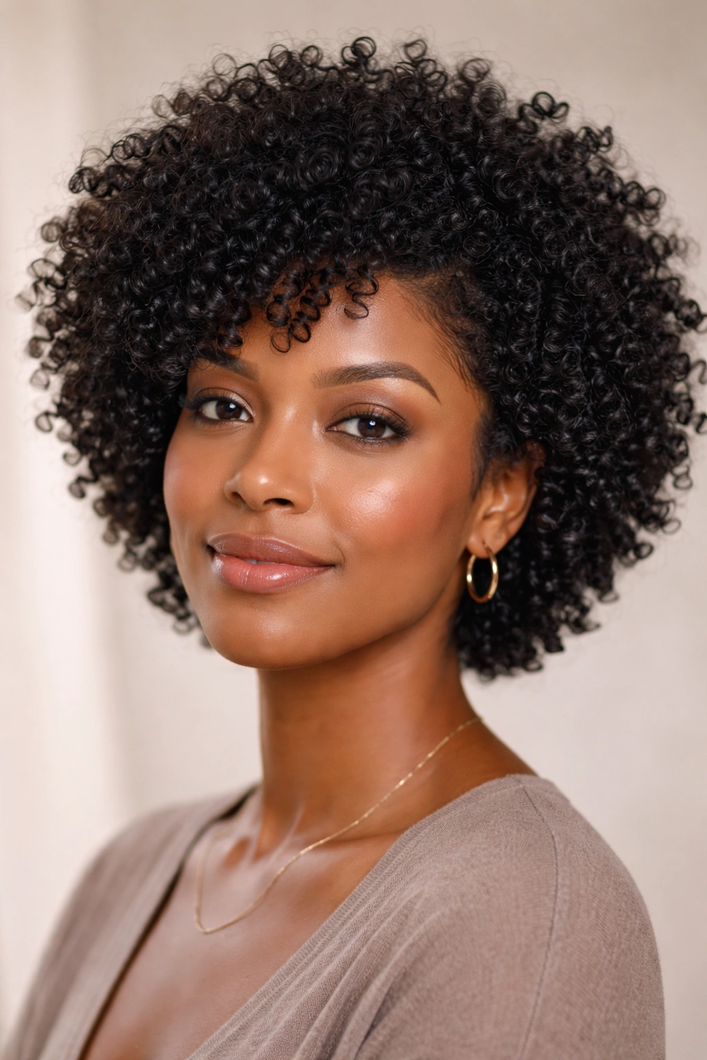 Close-up of a woman with a defined wash-and-go Afro showing layered curls and a clean crown shape