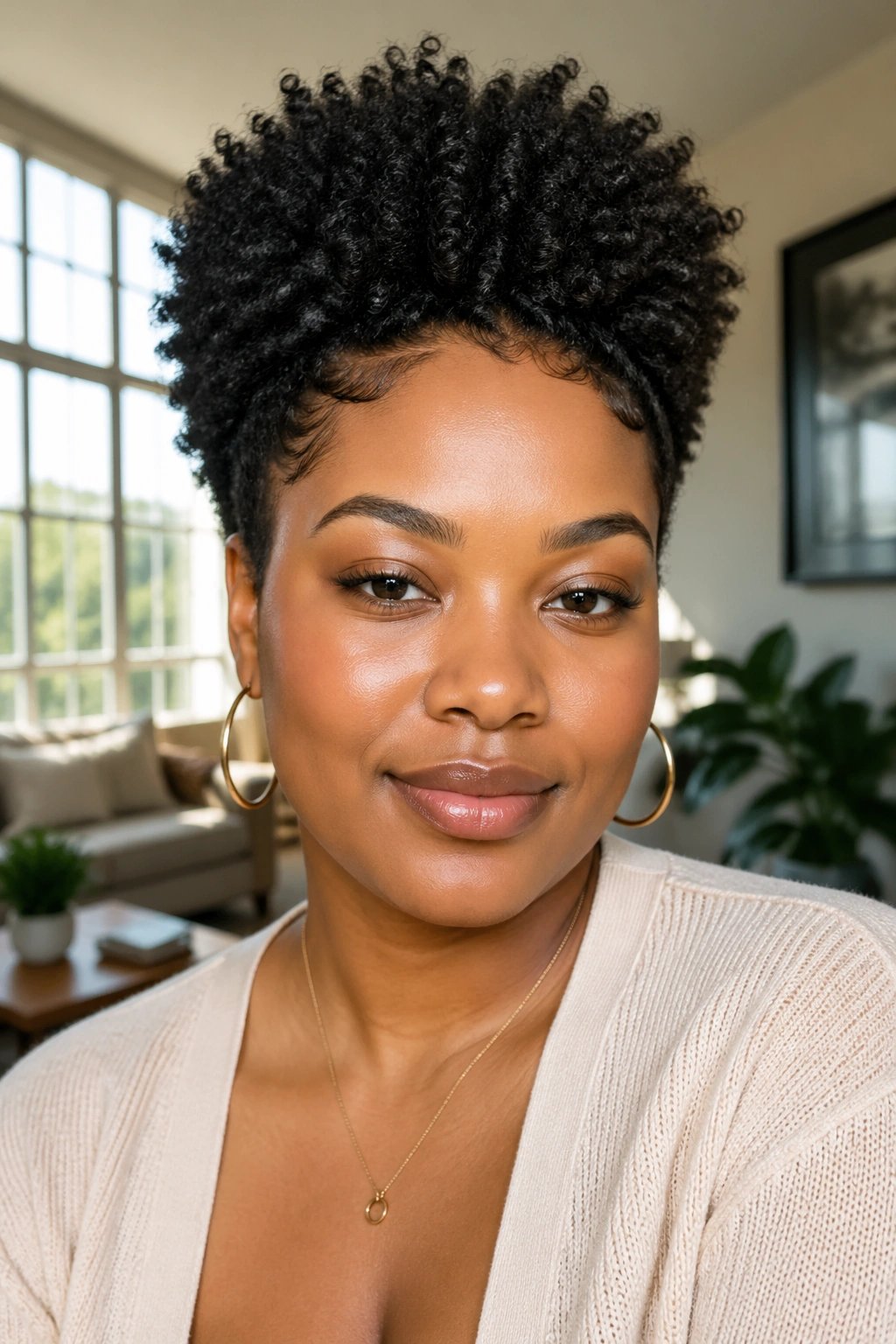 Close-up portrait of a real person with wash-and-go Afro and vertical volume
