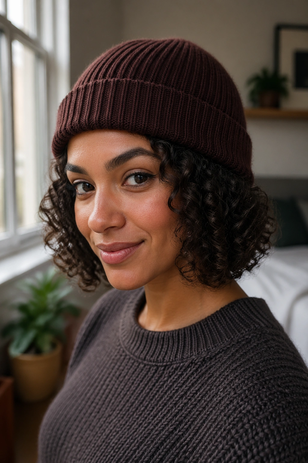 Close-up of a curly bob under a rolled cuff beanie.