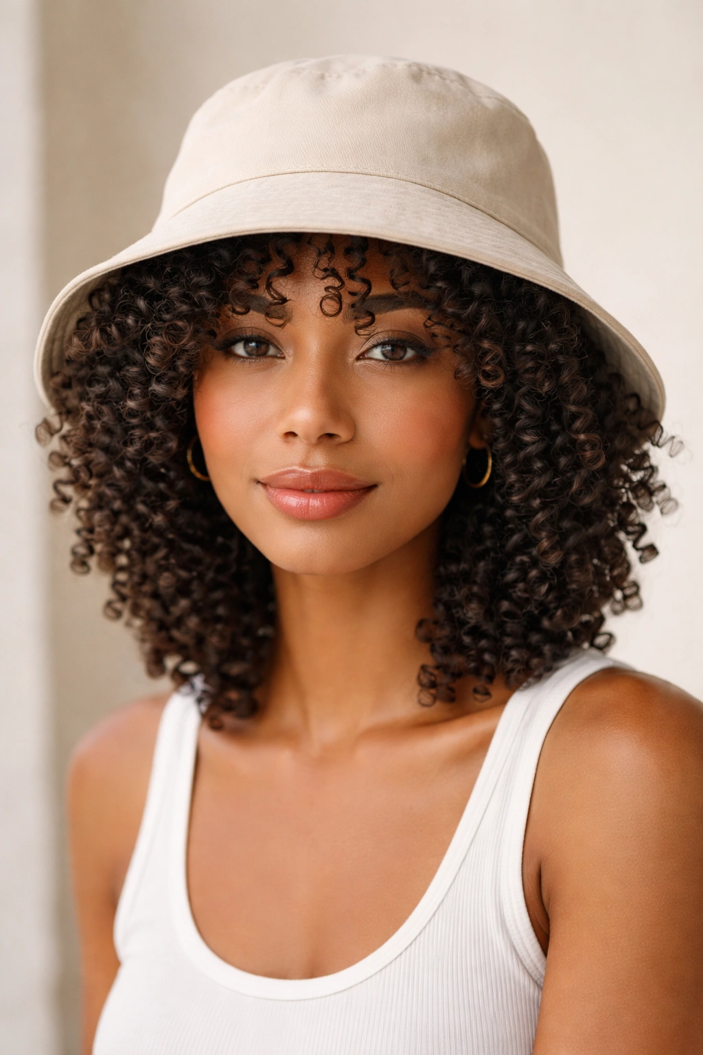 Defined curls under a bucket hat with front curls visible