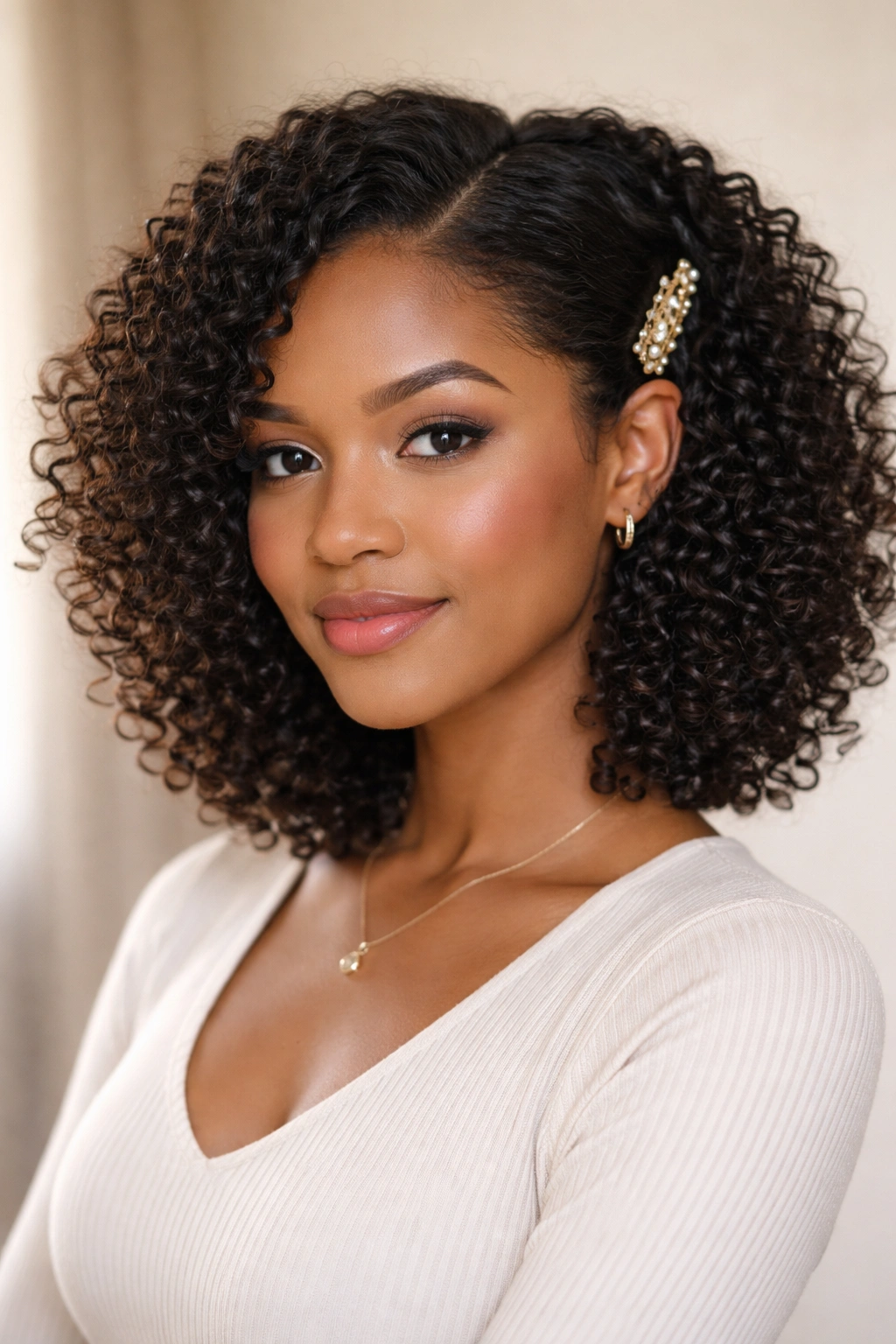 Wash-and-go hairstyle with a clipped-back detail