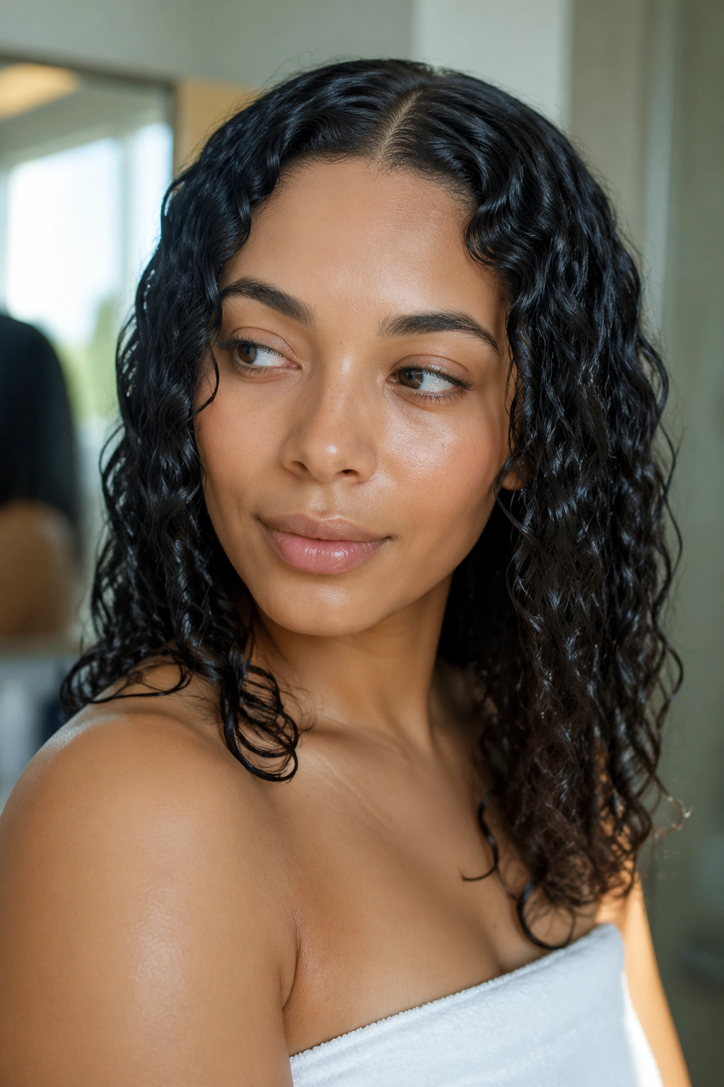 Portrait of a real woman with a damp wash-and-go curl and a clean part.