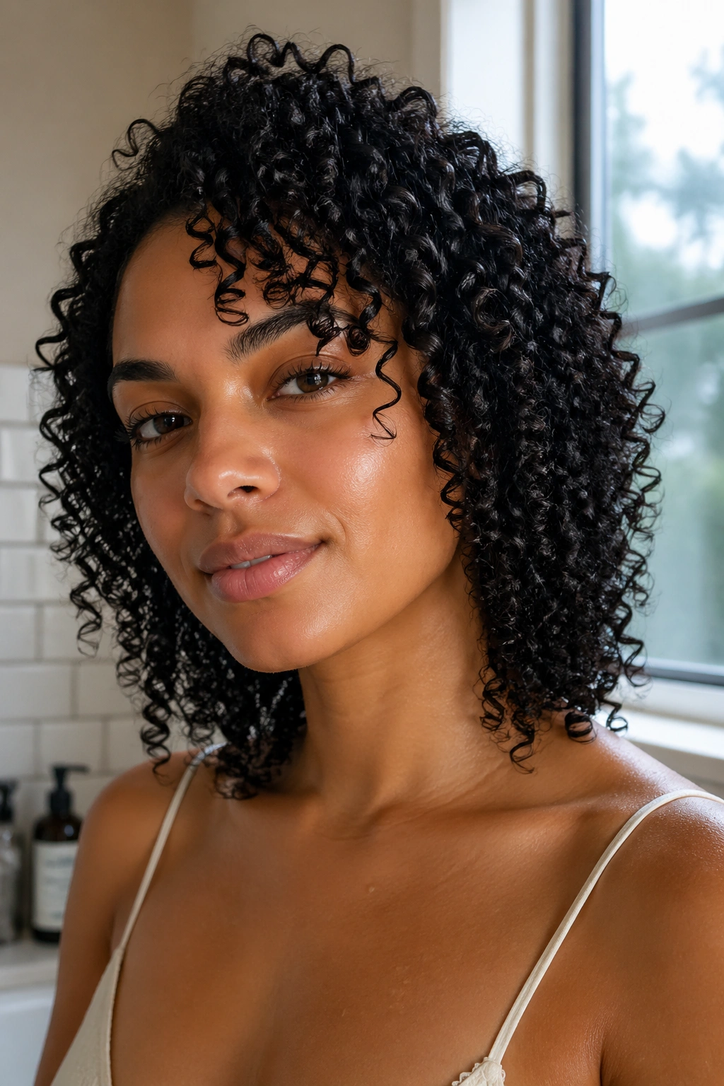 Close-up of defined curls in a wash-and-go on a real person in a softly lit bathroom