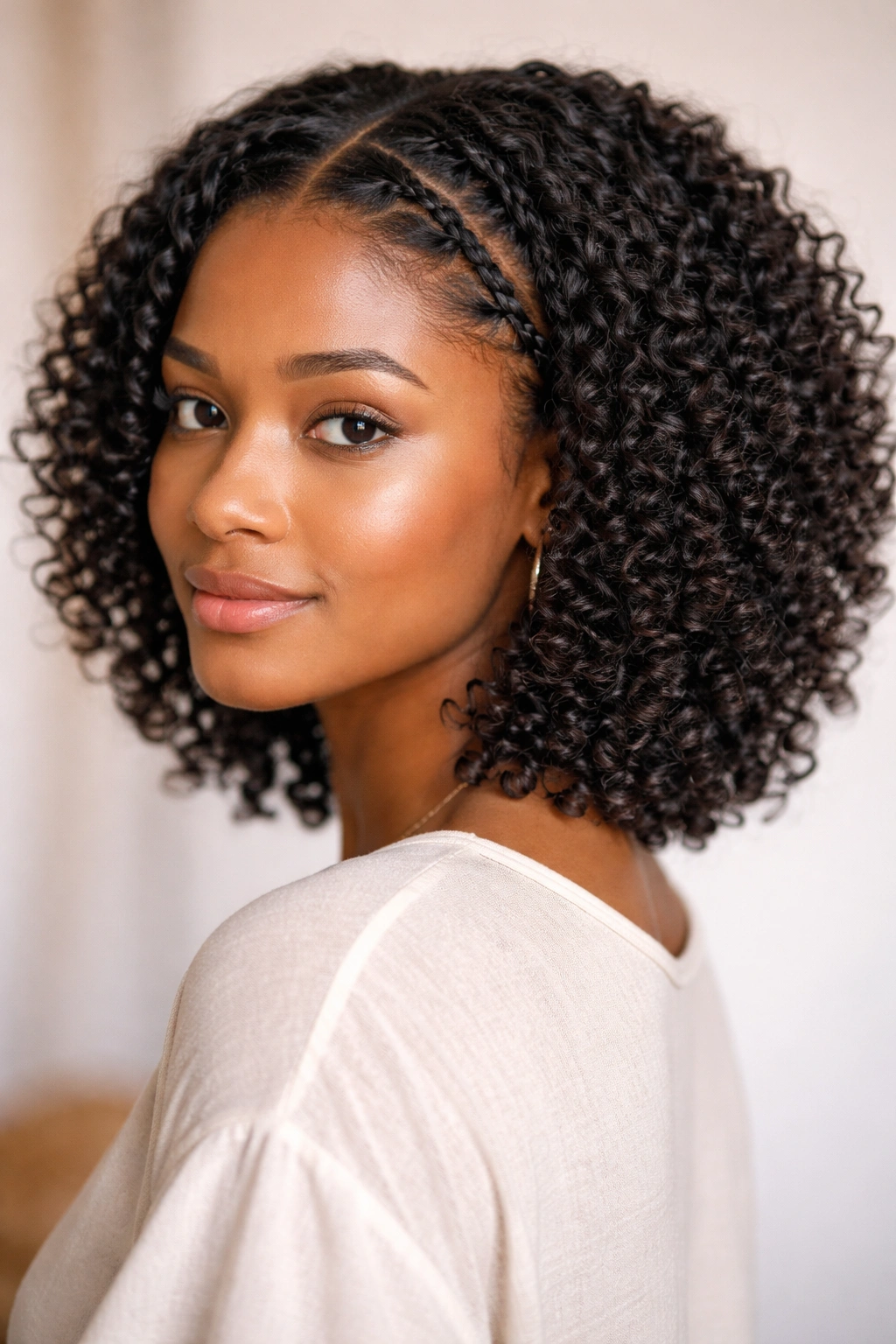 Wash-and-go curls with twisted front sections framing the hairline