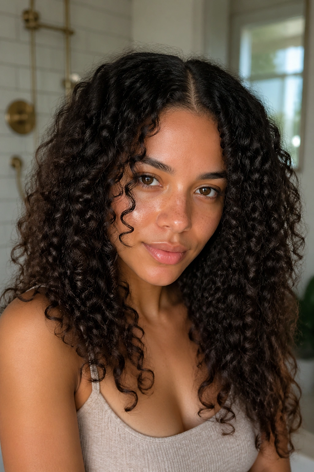 Close-up of a real woman with loose wash-and-go curls and a soft middle part