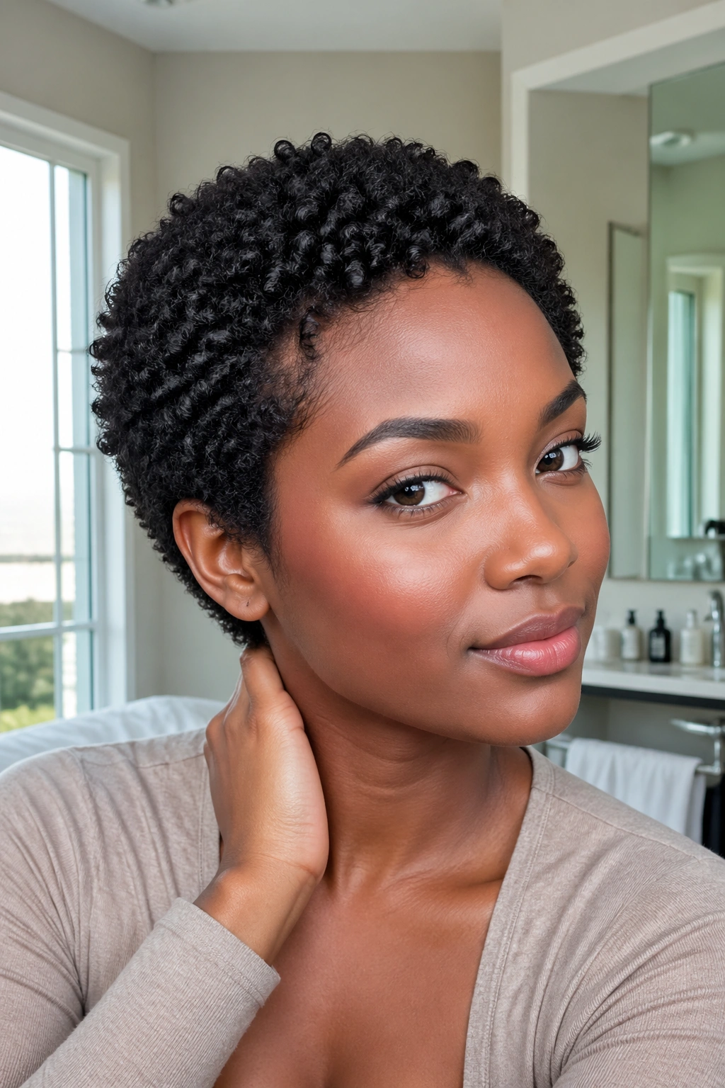 Close-up of rounded wash-and-go hairstyle on a real person