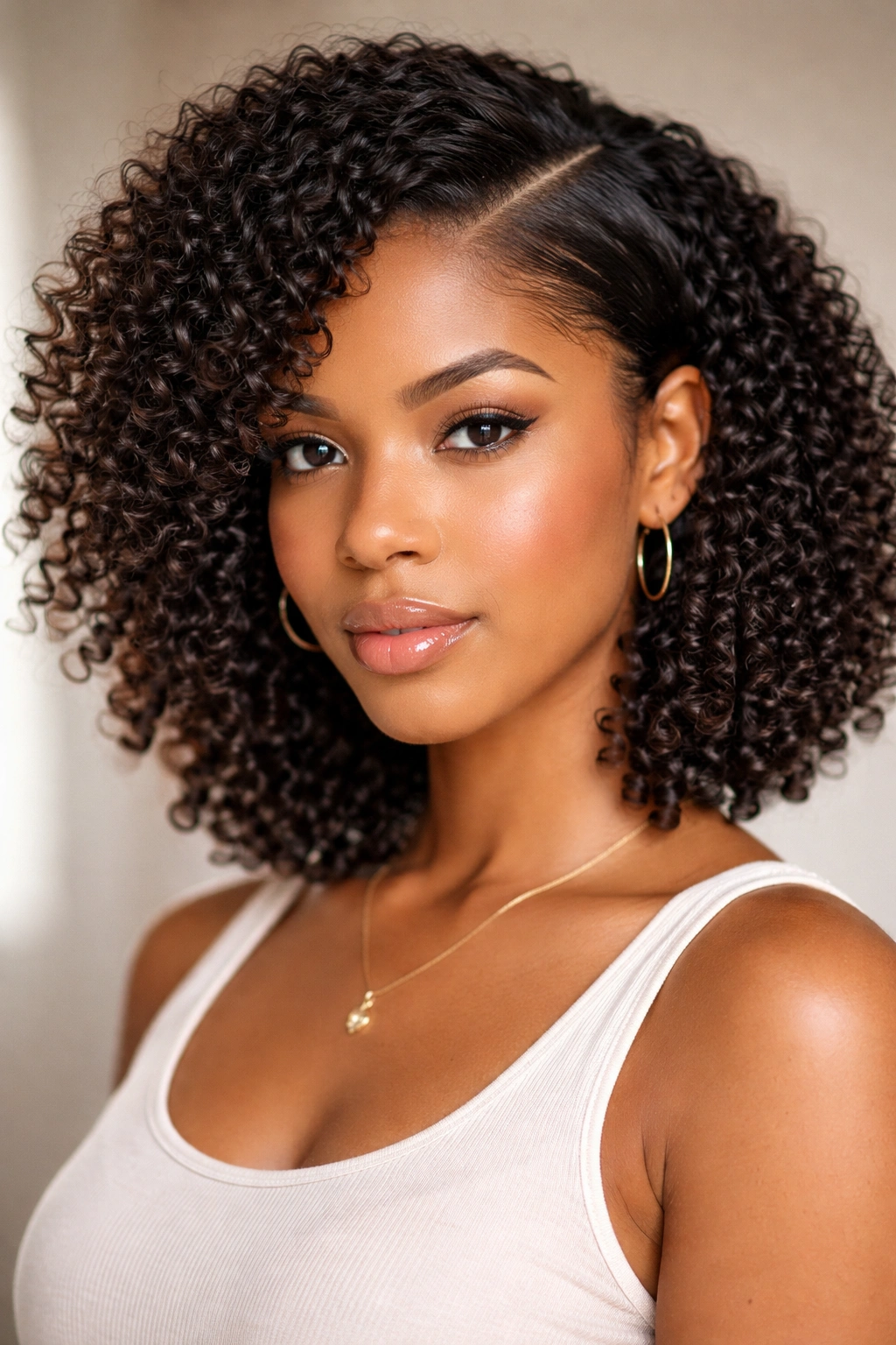 Close-up of defined wash-and-go curls with a sharp side part in studio lighting
