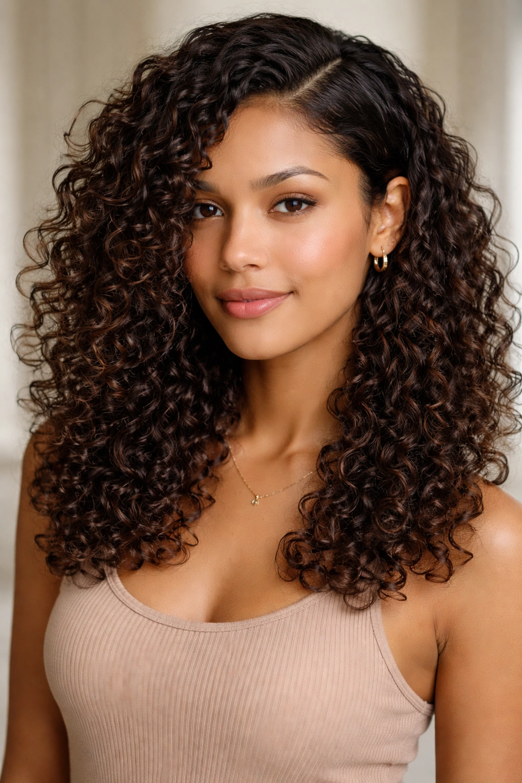 Side-parted wash-and-go with defined curls and natural volume.