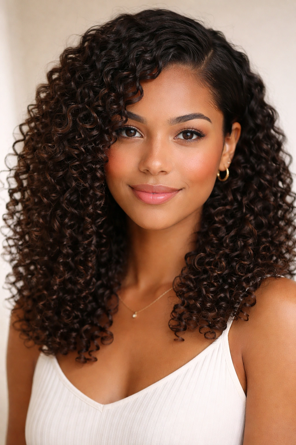Close-up of a wash-and-go curly hairstyle with a defined side part for a polished portrait