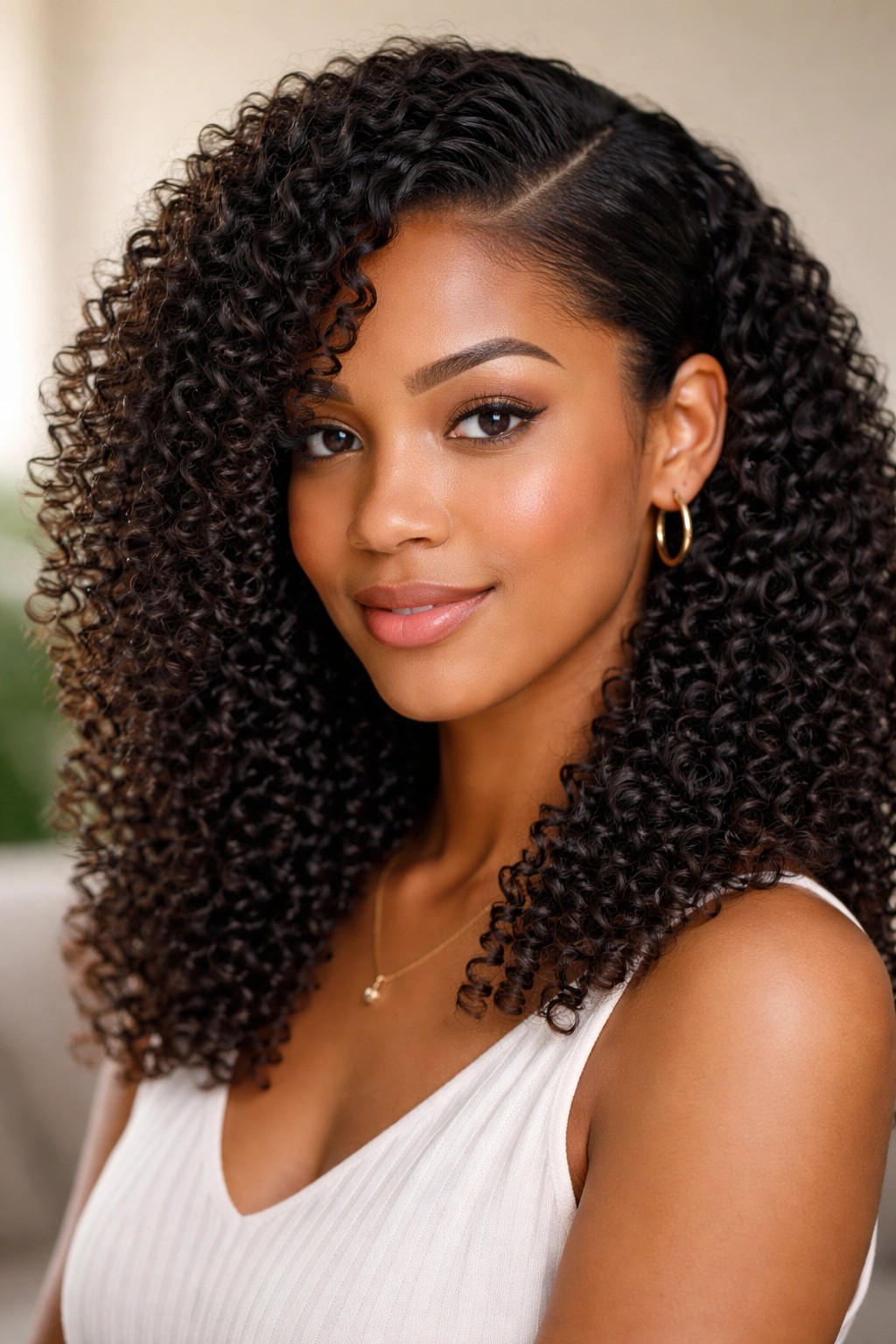Close-up of defined wash-and-go curly hairstyle with a deep side part