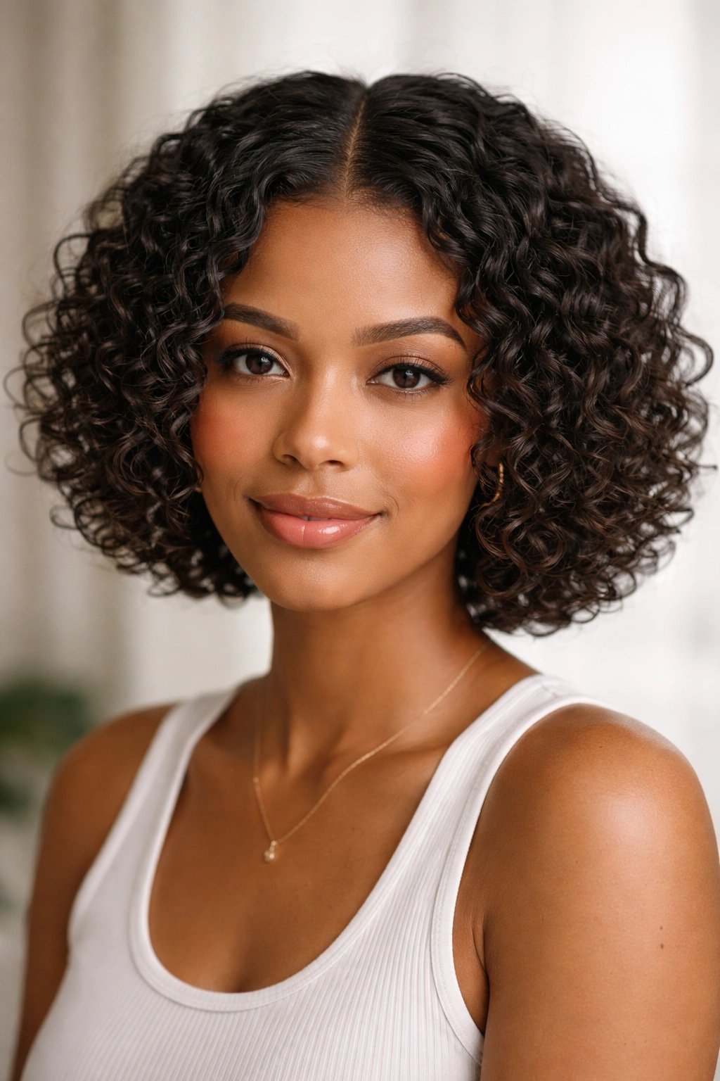 Close-up of chin-length curly bob with center part and defined curls